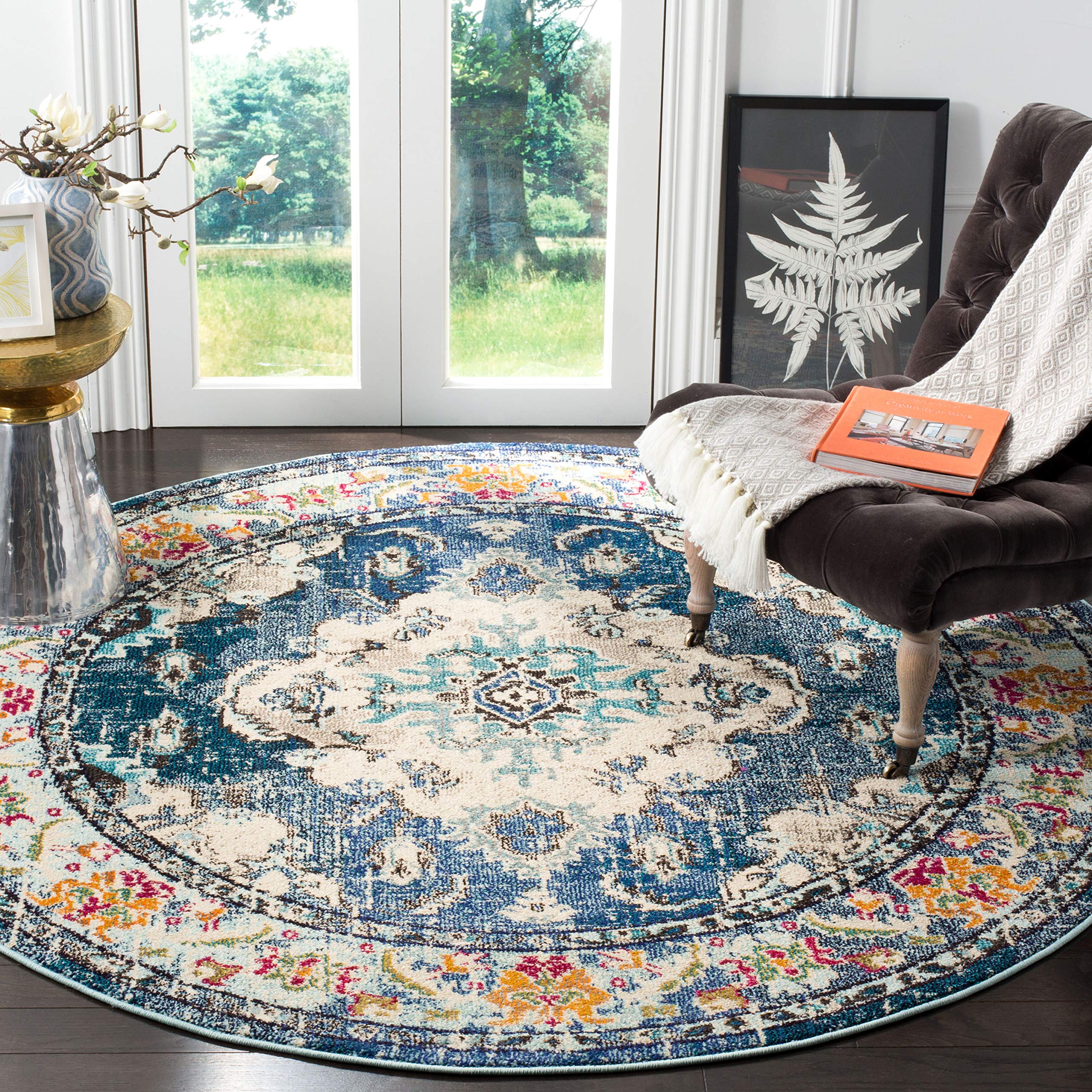 SAFAVIEH Monaco Collection Area Rug - 10 Round, Navy & Light Blue, Boho Chic Medallion Distressed Design, Non-Shedding & Easy C