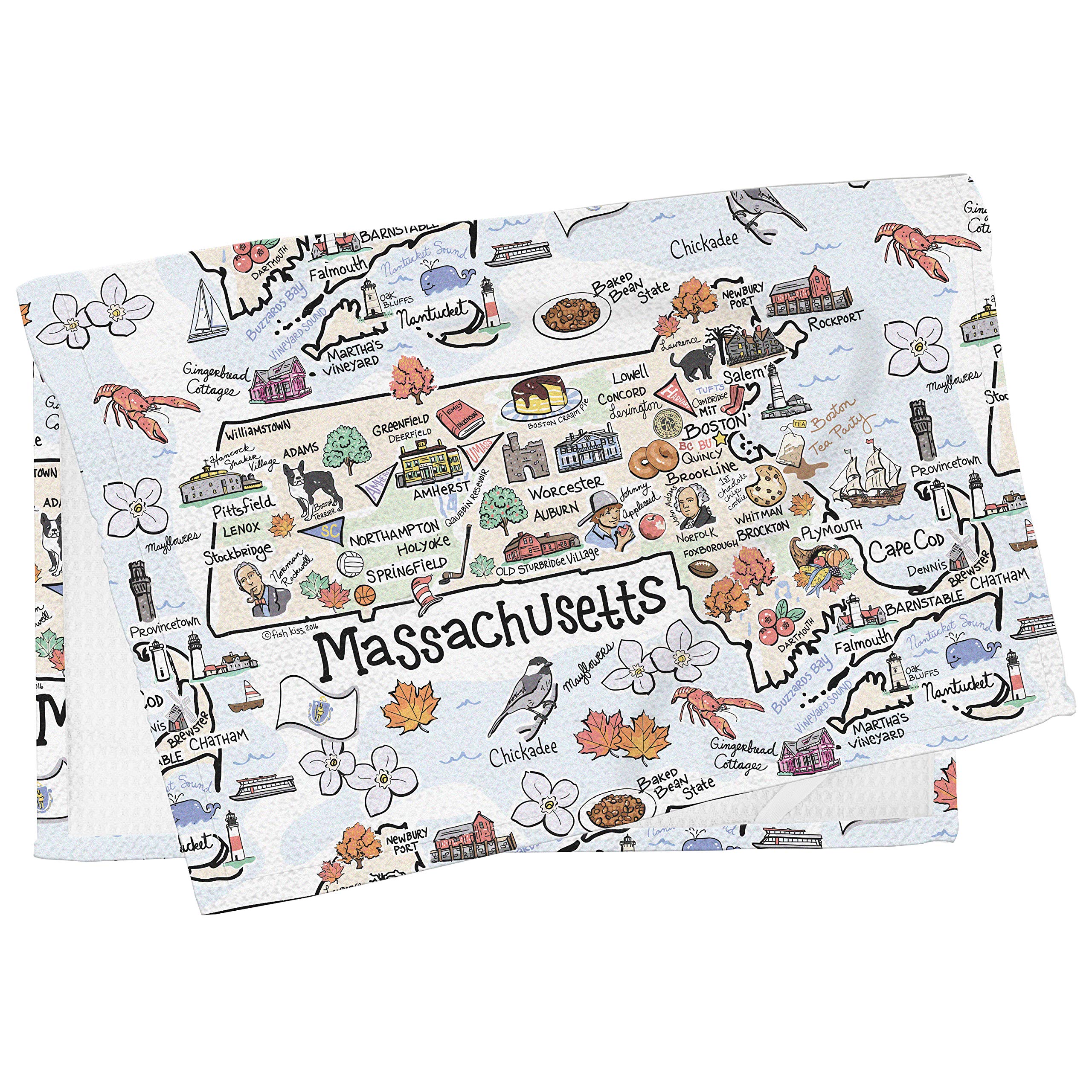 Fish Kiss 16''X24'' Massachusetts Map Towel Is 100% Microfiber Waffle Weave Help You Explore In Detail - Our Super Absorbent & S
