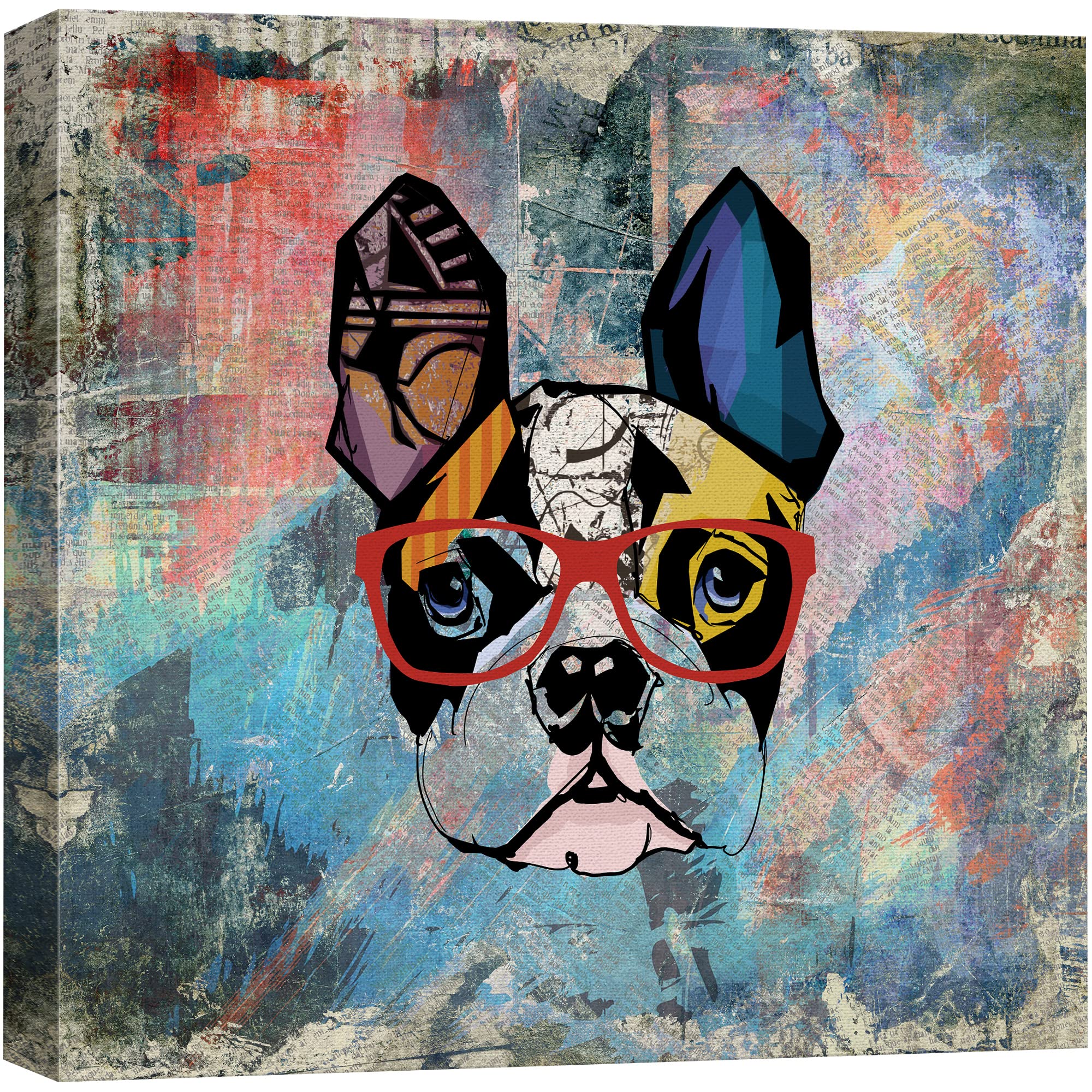 Wall26 Square Dog Series Canvas Wall Art - Colorful Painting Of A Dog With Glasses With Grunge Background - Giclee Print Gallery