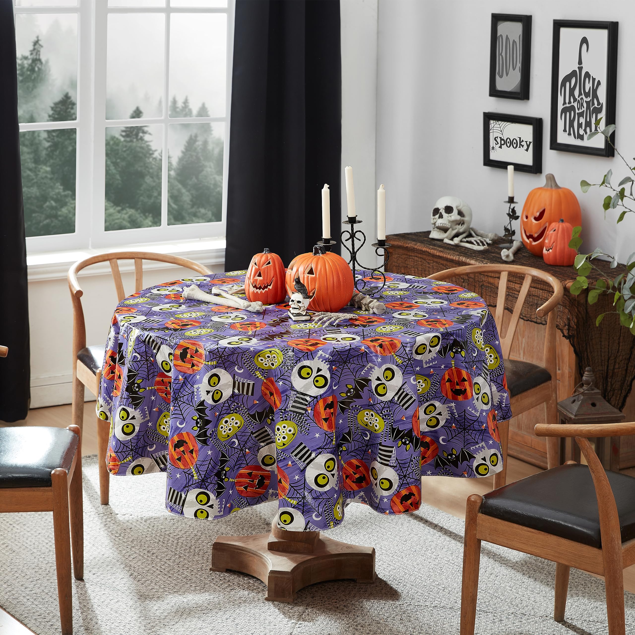 Newbridge Halloween Whimsical Ghoulish Gang 70 Inch Round Vinyl Flannel Backed Tablecloth, Spooky Skulls, Bats And Pumpkins For