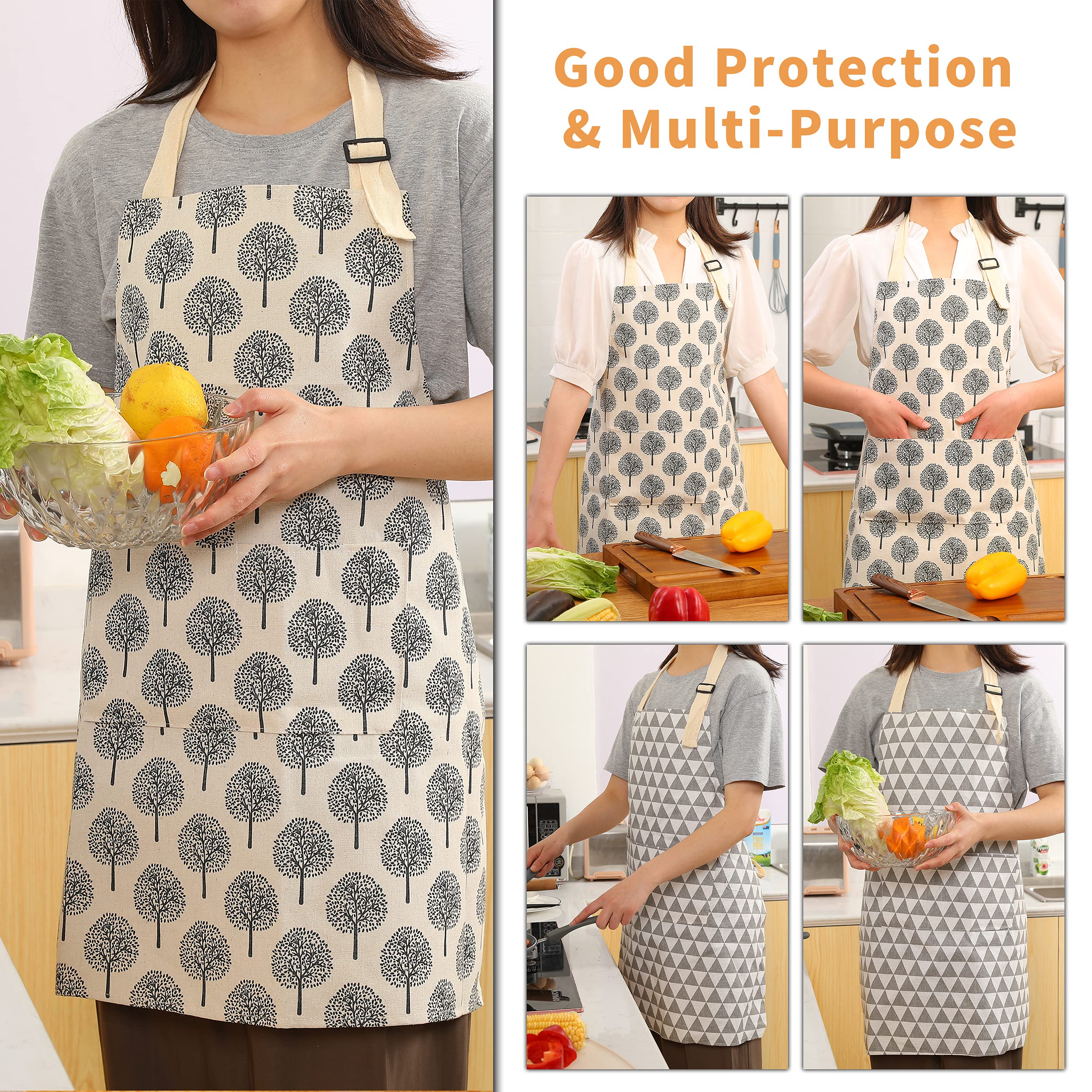 Tosewever 2 Pieces Cotton Linen Waterproof Bib Apron With 2 Pockets - Long Ties Adjustable Neck Strap - Unisex Cooking Kitchen D