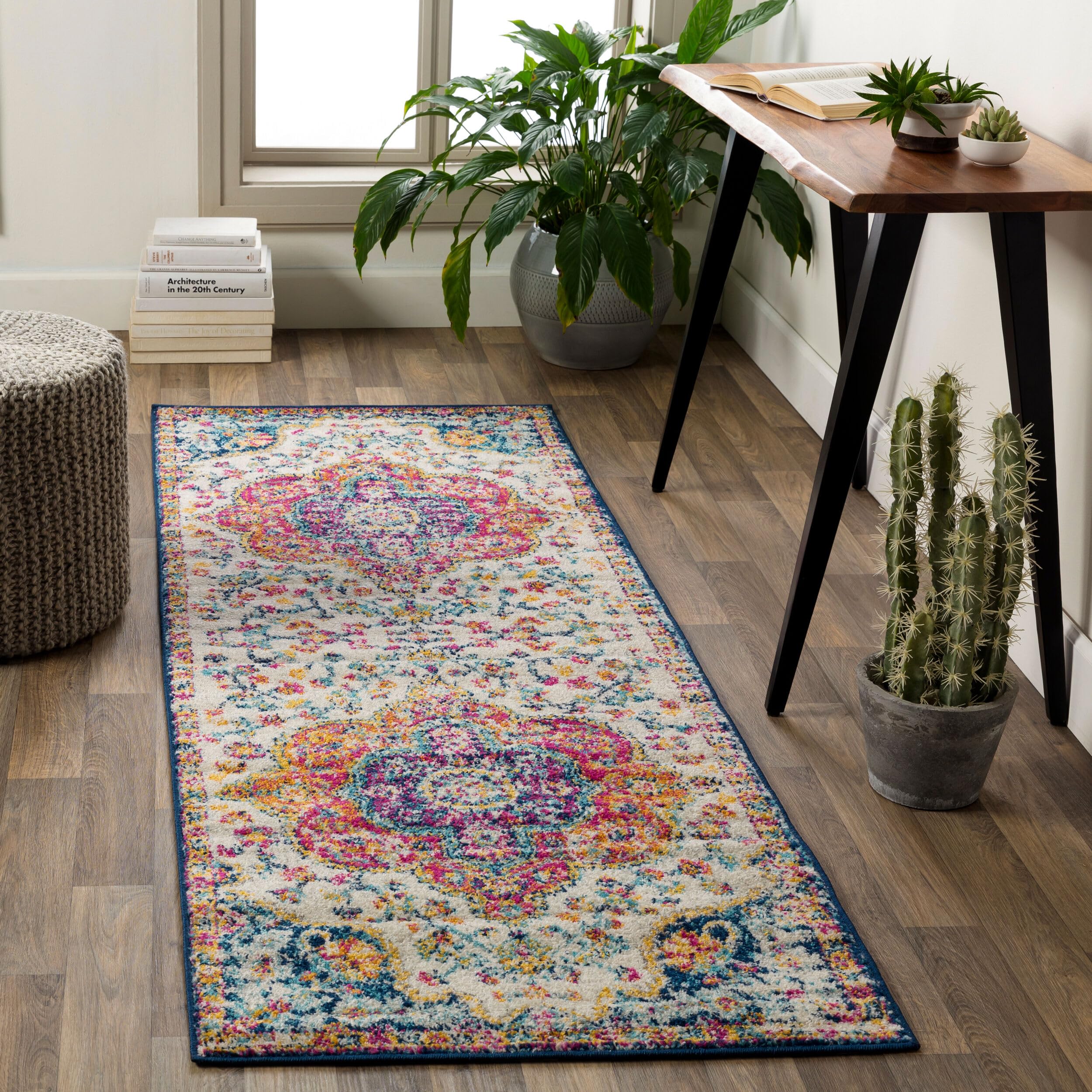 Livabliss Area Rugs - 3x10 Romaine Vintage Boho Fuchsia Mustard Blue Runner Area Rug for Living Room Bedroom - Floral Medallion 
