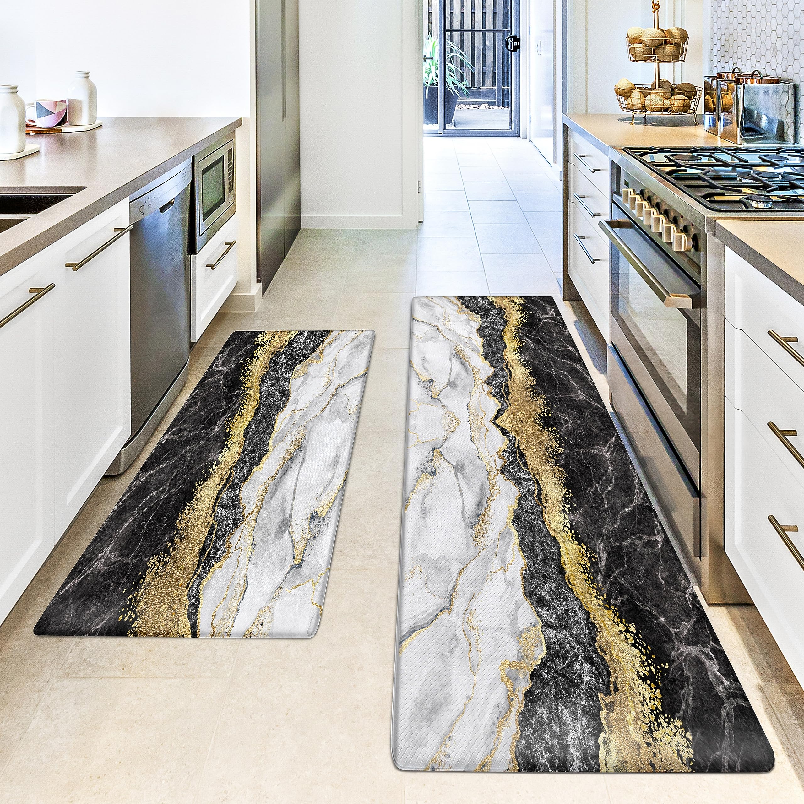 Black Gold Marble Kitchen Mat And Rugs 2 Pieces Anti Fatigue Cushioned Kitchen Floor Mat Non-Slip Leather Kitchen Mats Set For H