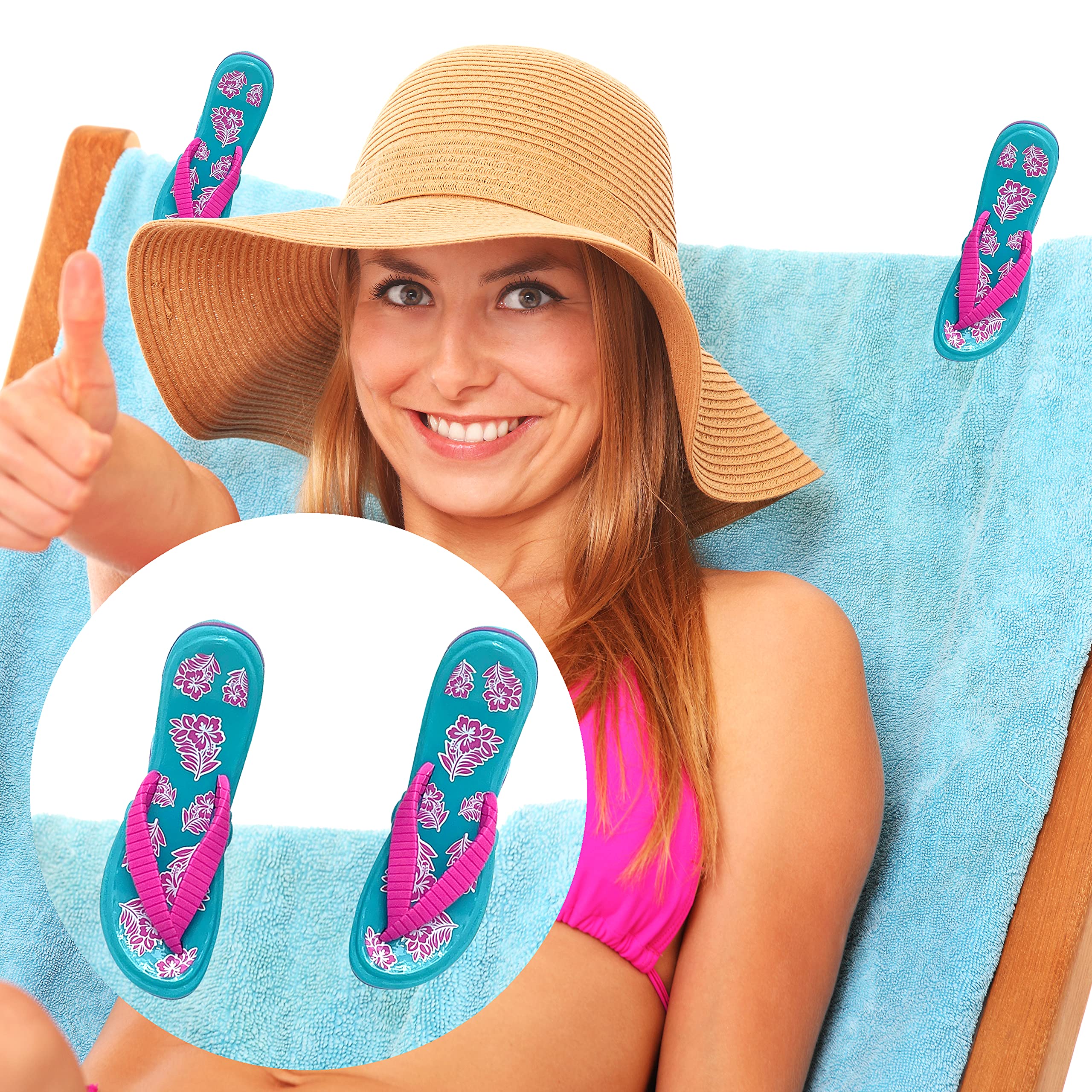PERFORMORE Flip Flop Beach Towel Clips (Pink Strap)  Set of 2  Portable Towel Holder Clips  Secure Clips for Beach Chairs Deck Patio Pool Boat Cruise Lounge Chair Accessories