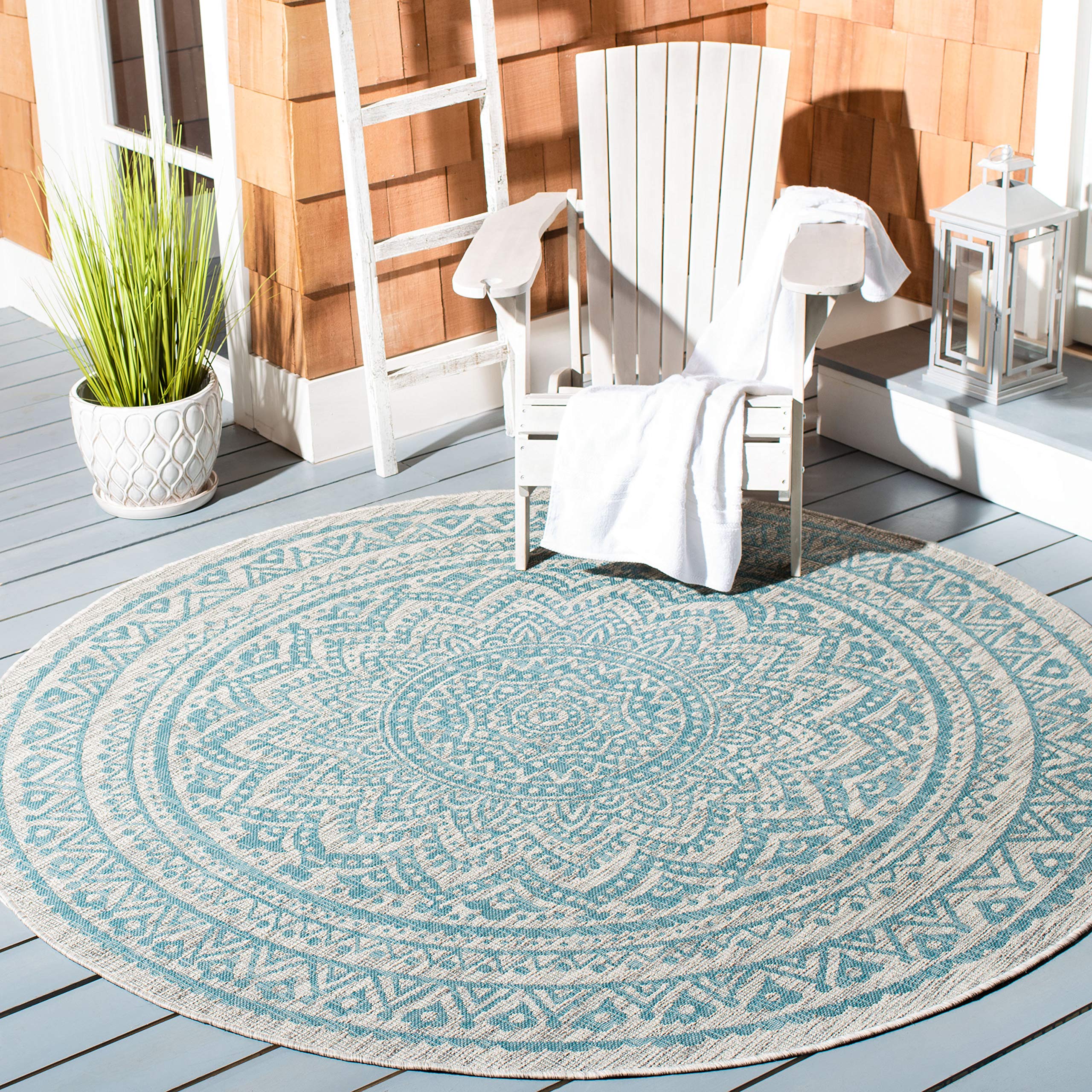 SAFAVIEH Courtyard Collection 4 Round Light Grey / Aqua CY8734 Indoor-Outdoor Waterproof Easy-Cleaning Patio Backyard Mudroom A