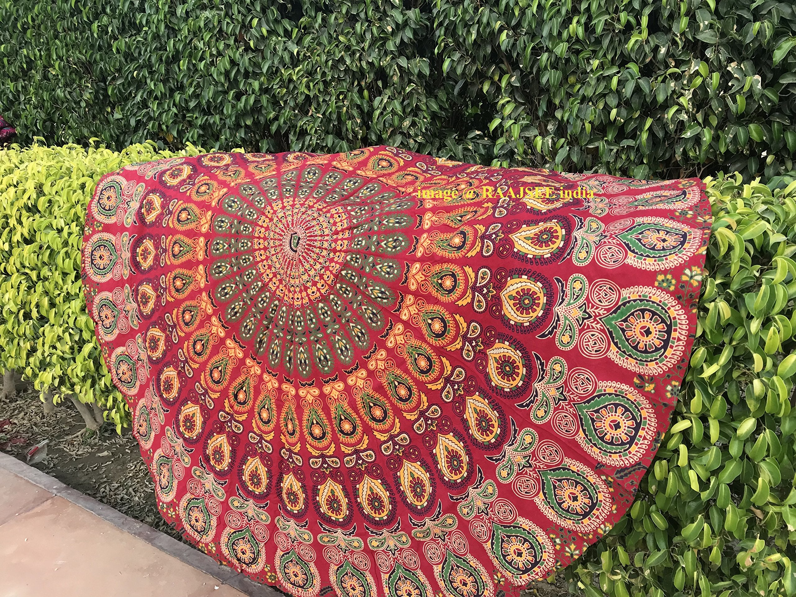 raajsee Red Mandala Round Beach Tapestry Hippie/Boho Beach Blanket Roundie/Indian Cotton Throw Bohemian Round Table Cloth/Yoga Mat Meditation Picnic Rugs 70 inch Circle