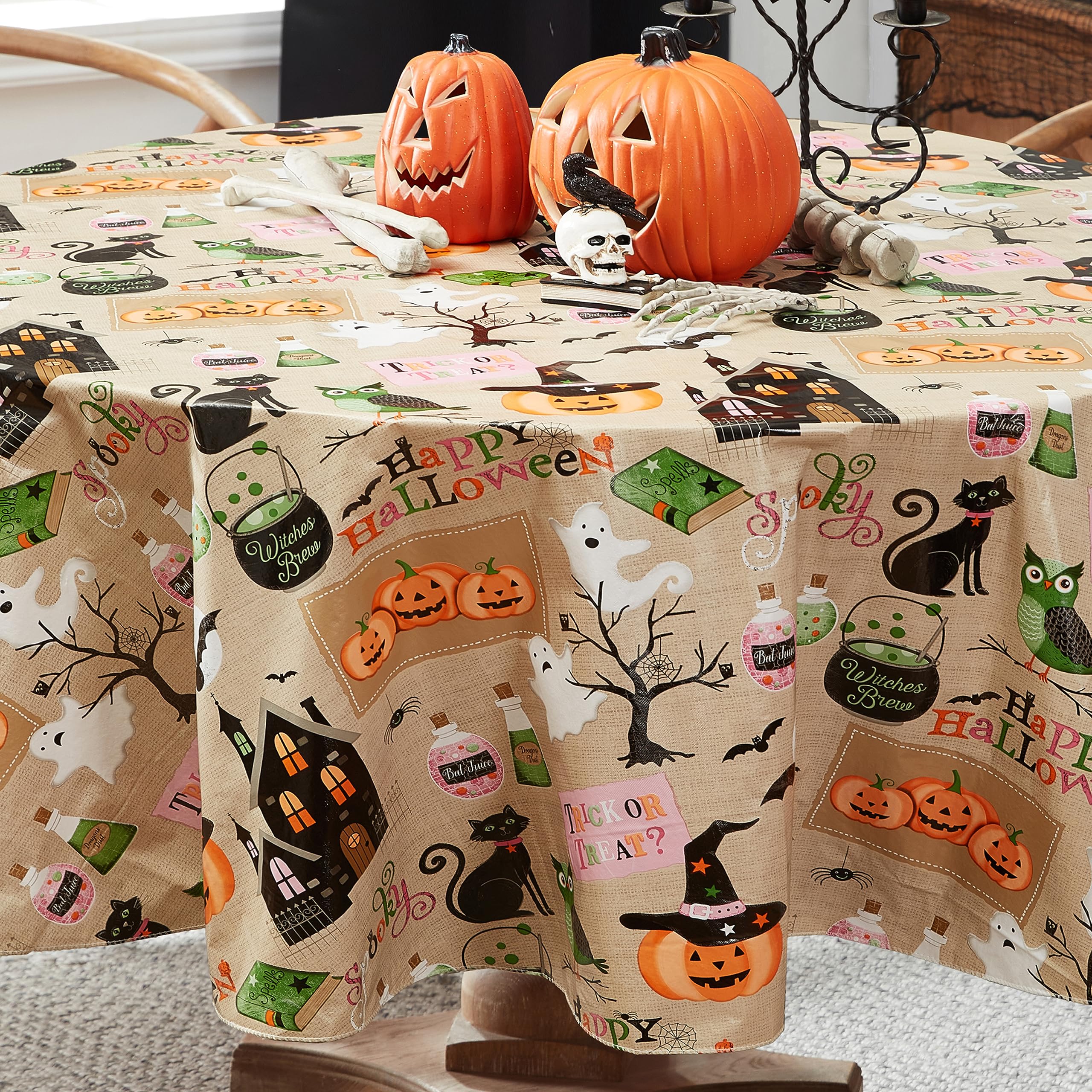 Newbridge Happy Halloween Witches Brew 60 x 84 Inch Oval Vinyl Tablecloth with Flannel Backing