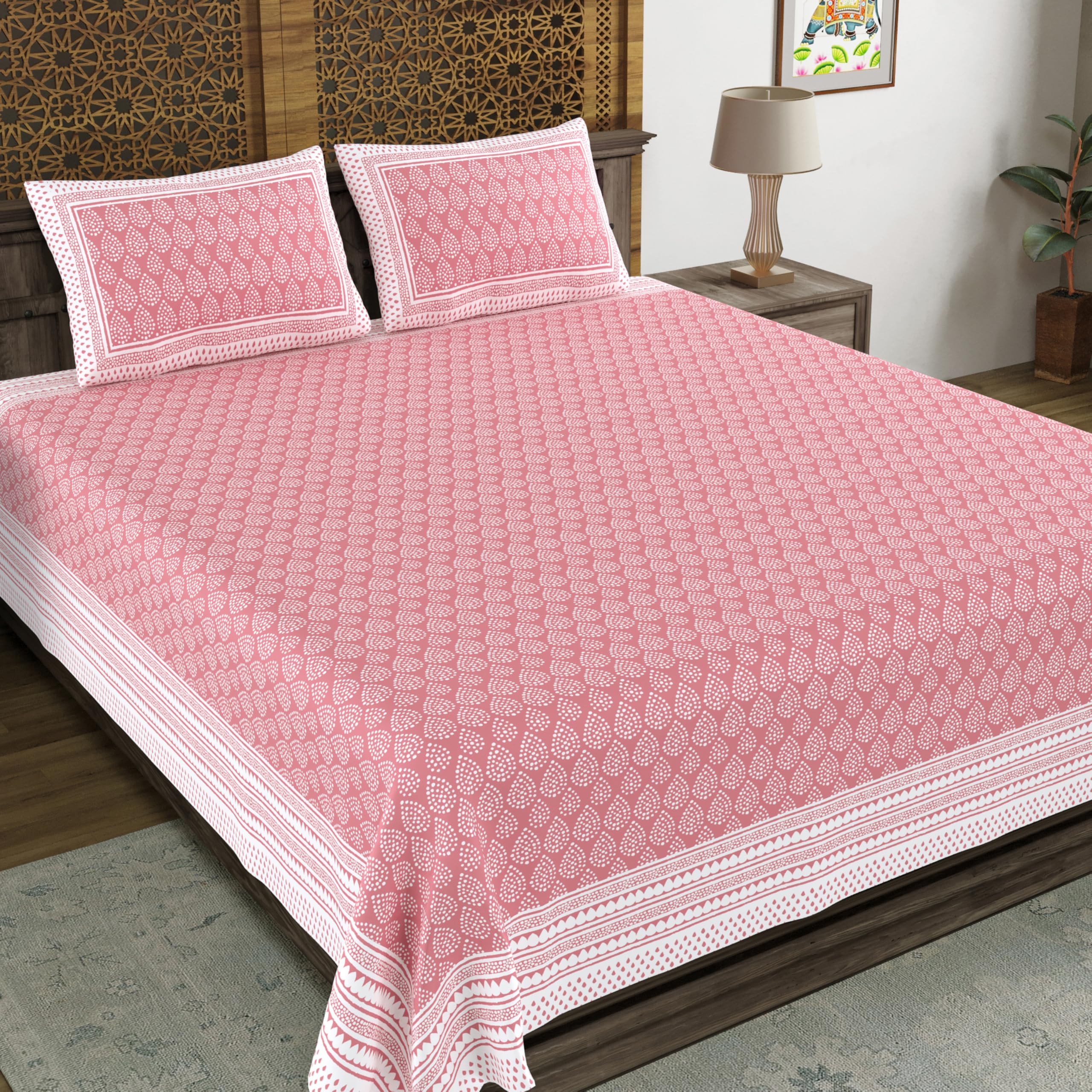 Blocks Of India Hand Block Printed 200 Tc Cotton Super King Size Bedsheet (Pink Dot)