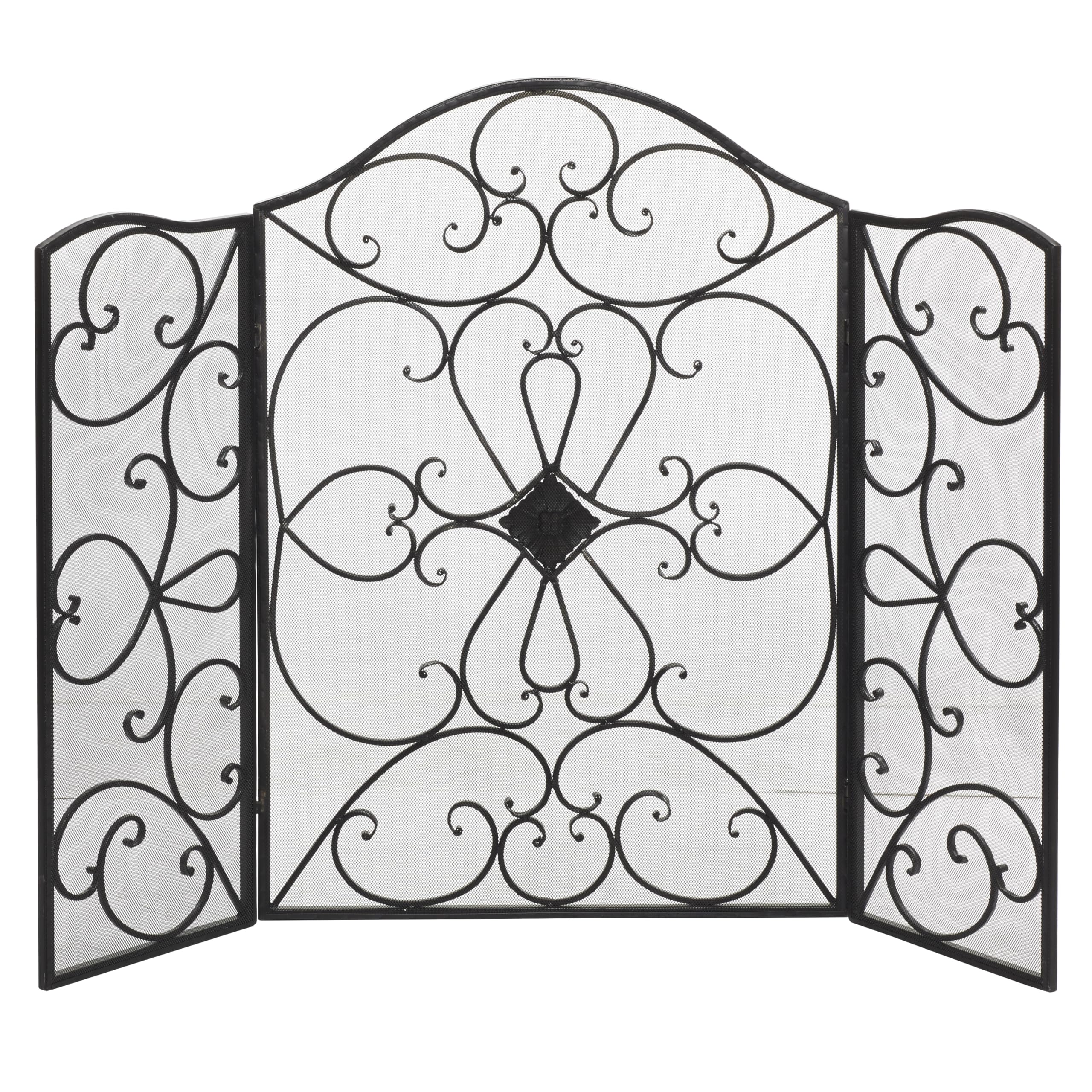 Deco 79 Metal Scroll Foldable 3 Panel Fireplace Screen With Mesh Netting, 49'' X 1'' X 36'', Black