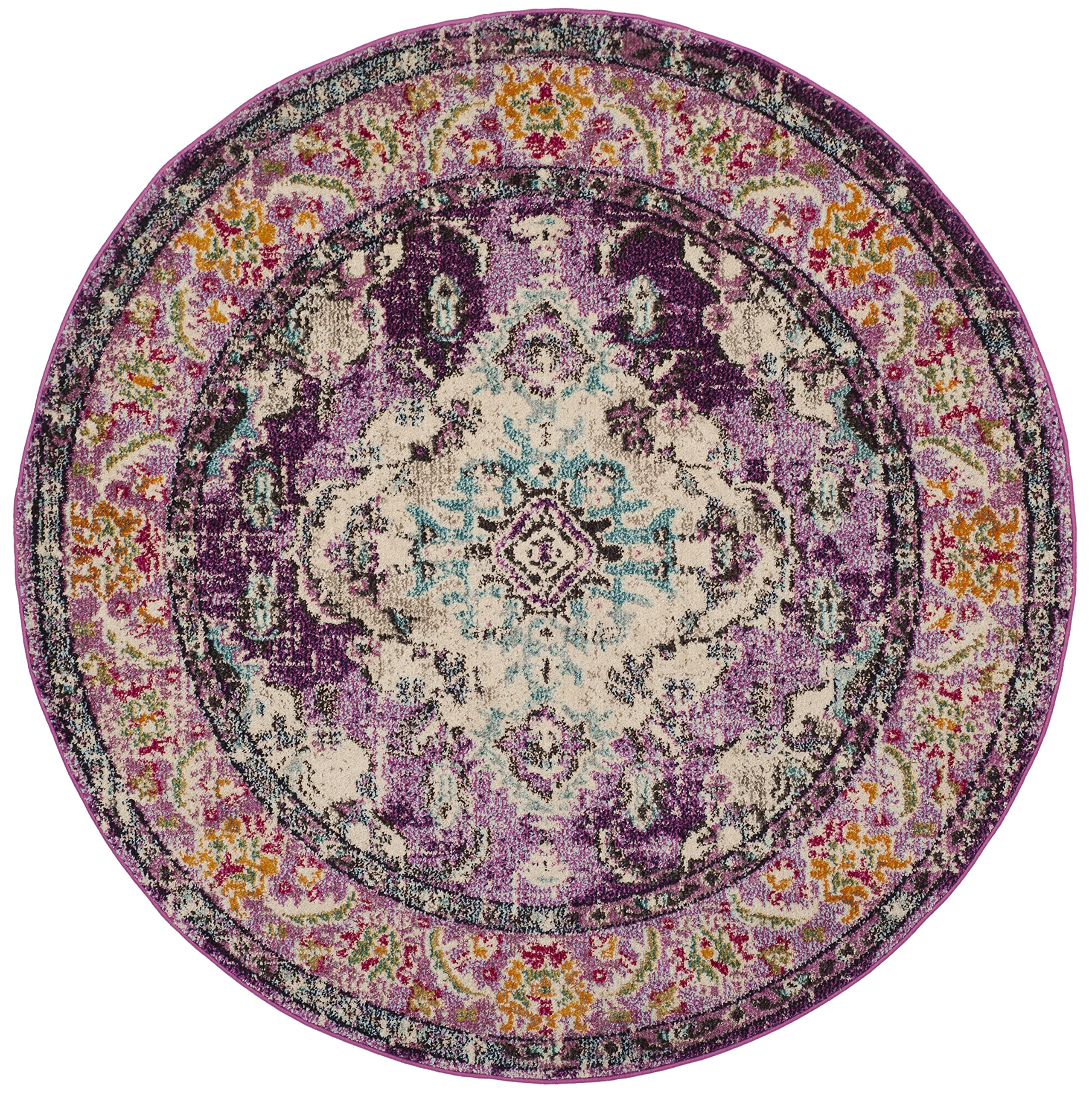 SAFAVIEH Monaco Collection Area Rug - 3 Round, Violet & Light Blue, Boho Chic Medallion Distressed Design, Non-Shedding & Easy 