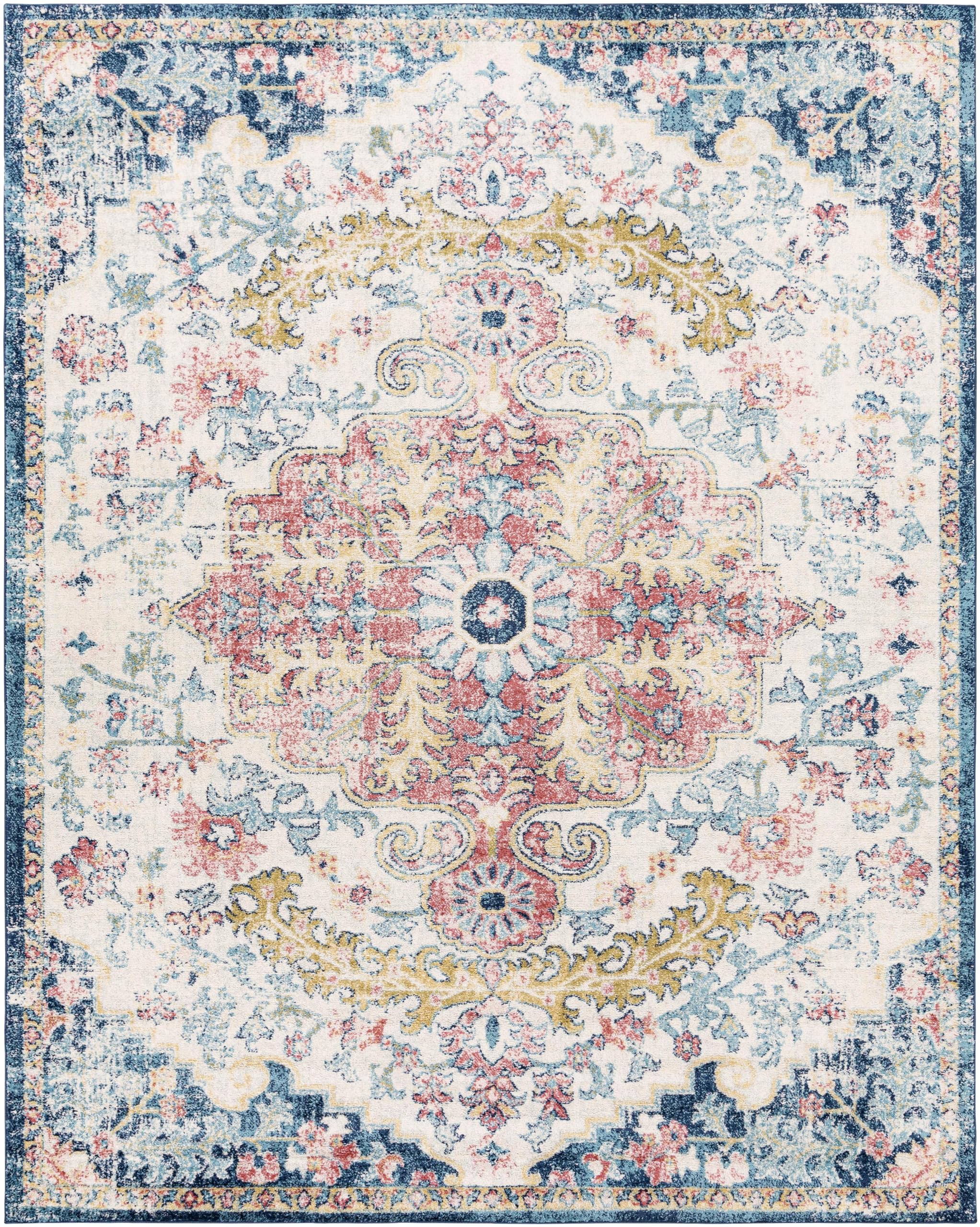 Livabliss Area Rugs - 9x12 Odelia Vintage Boho Aqua Burgandy Blue Area Rug for Living Room Bedroom - Floral Medallion Stain Resi