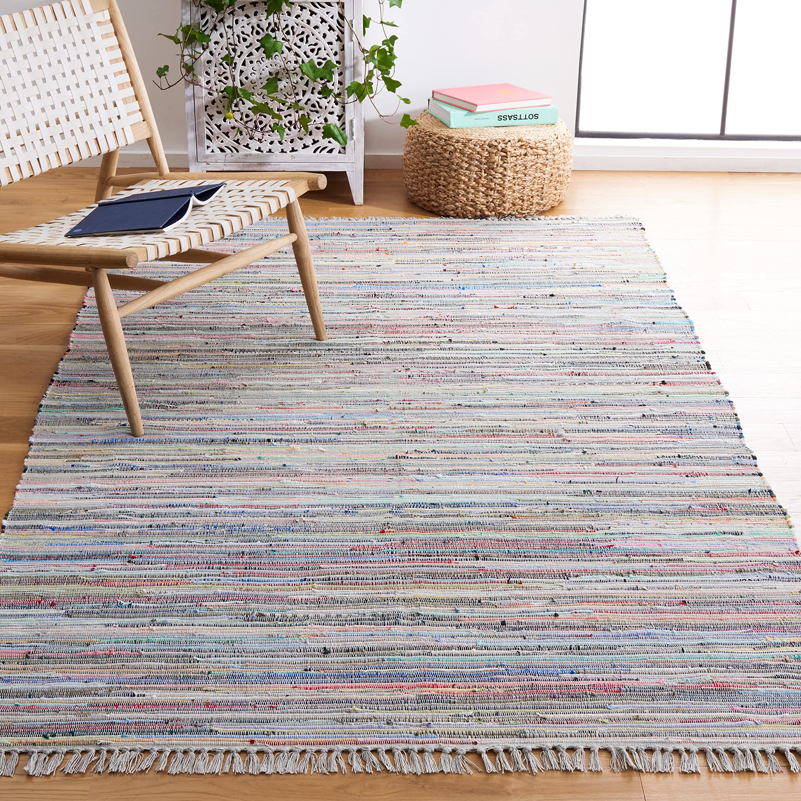 SAFAVIEH Rag Rug Collection Area Rug - 5 x 8, Grey & Multi, Handmade Boho Stripe Cotton, Ideal for High Traffic Areas in Livin
