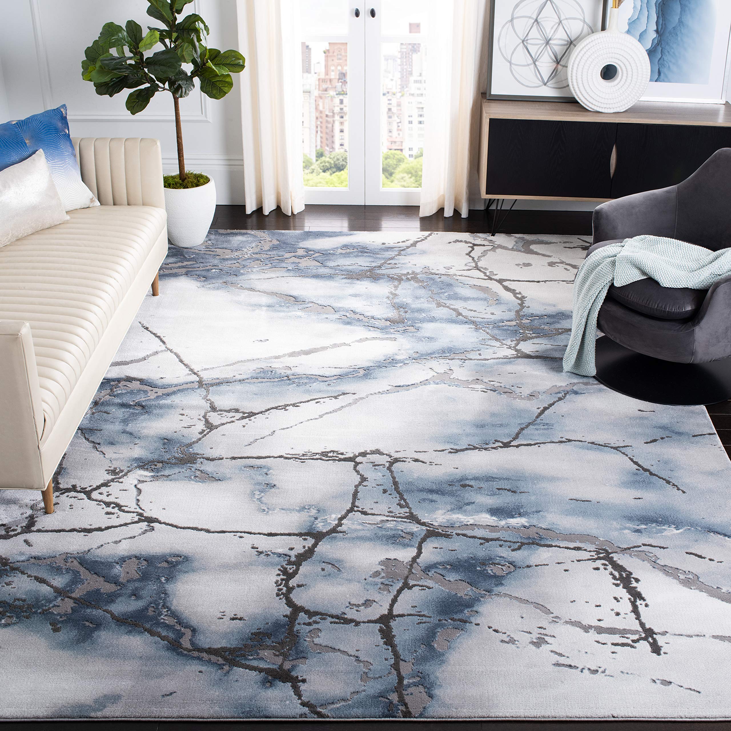 SAFAVIEH Craft Collection Area Rug - 9 Square, Grey & Blue, Modern Abstract Design, Non-Shedding & Easy Care, Ideal for High Tr