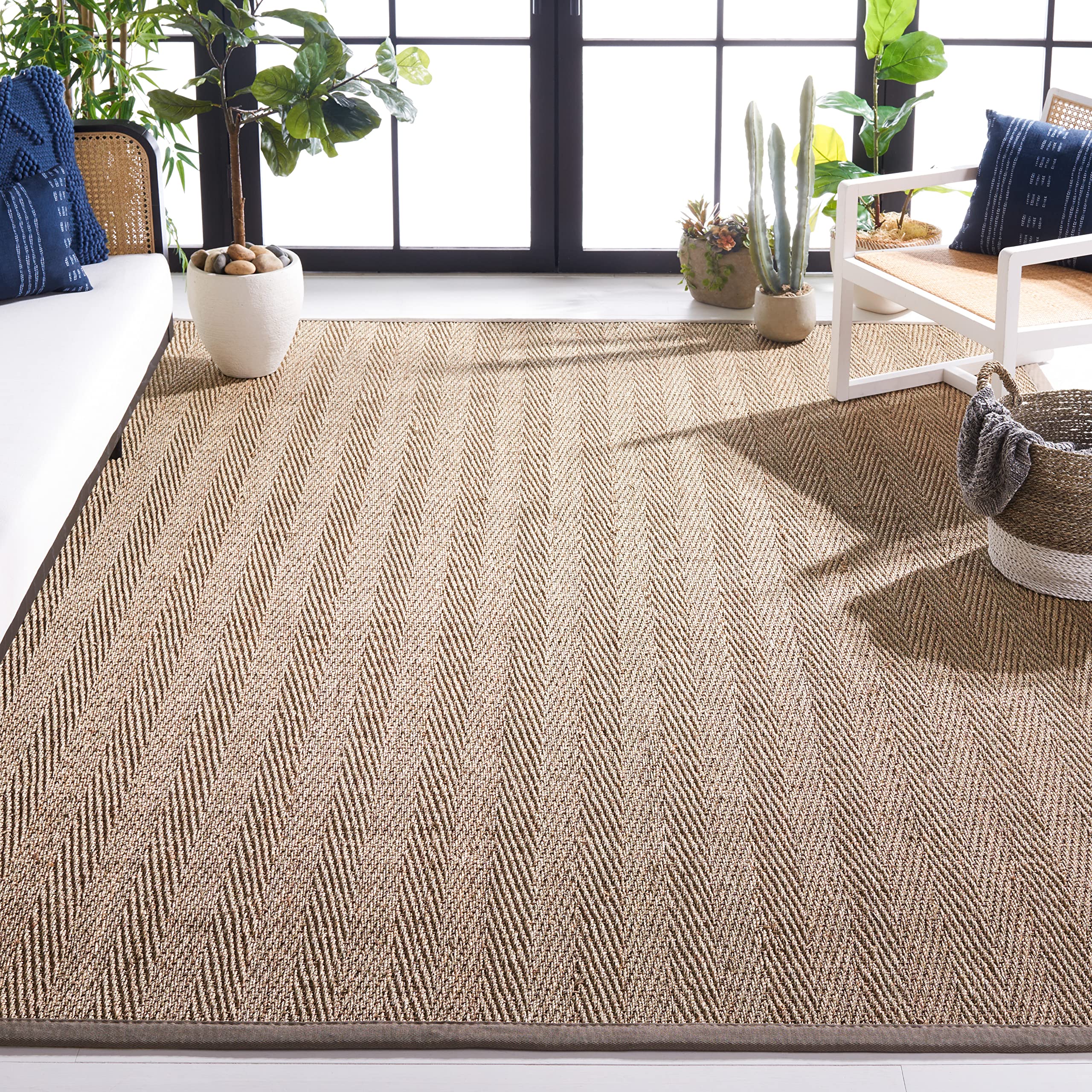 SAFAVIEH Natural Fiber Collection X-Large Area Rug - 11 x 15, Natural & Grey, Border Herringbone Seagrass Design, Easy Care, I