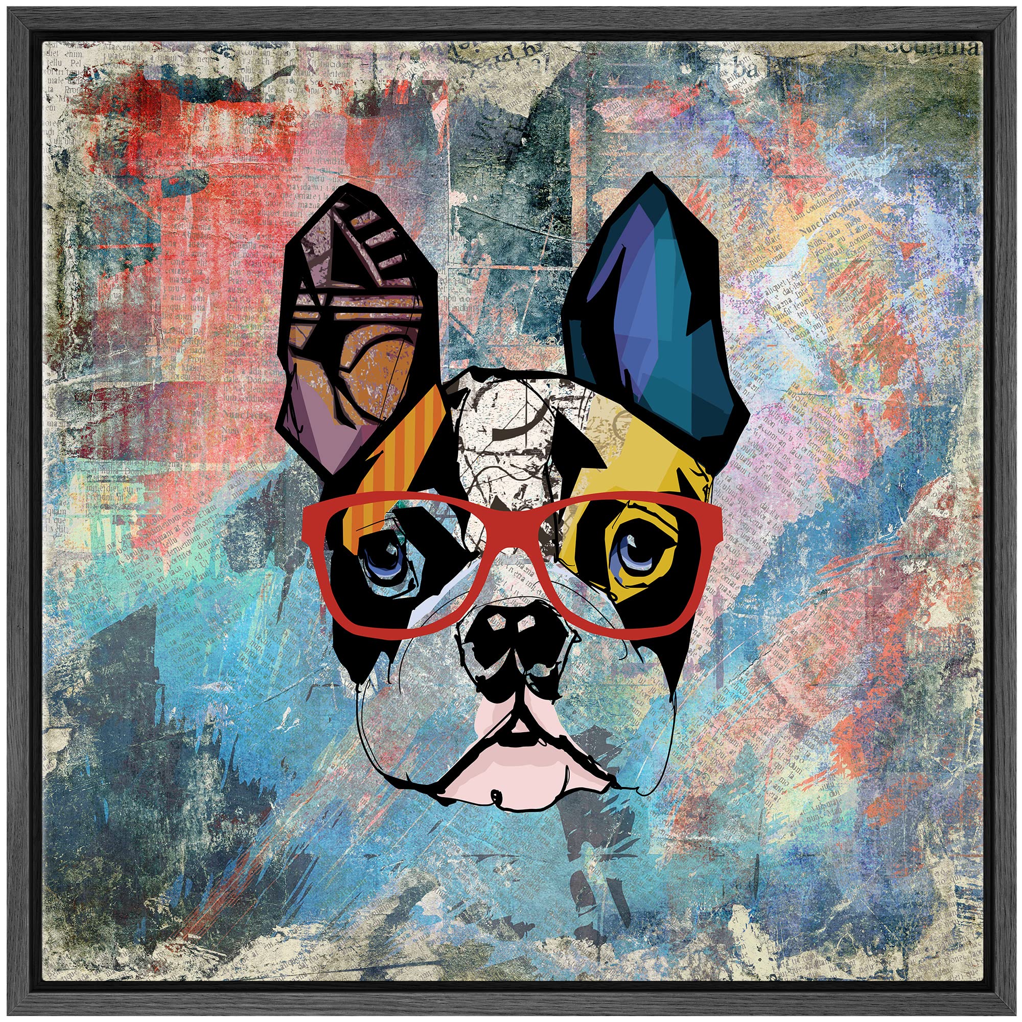Wall26 Square Dog Series Framed Canvas Wall Art - Colorful Painting Of A Dog With Glasses With Grunge Background - Giclee Print