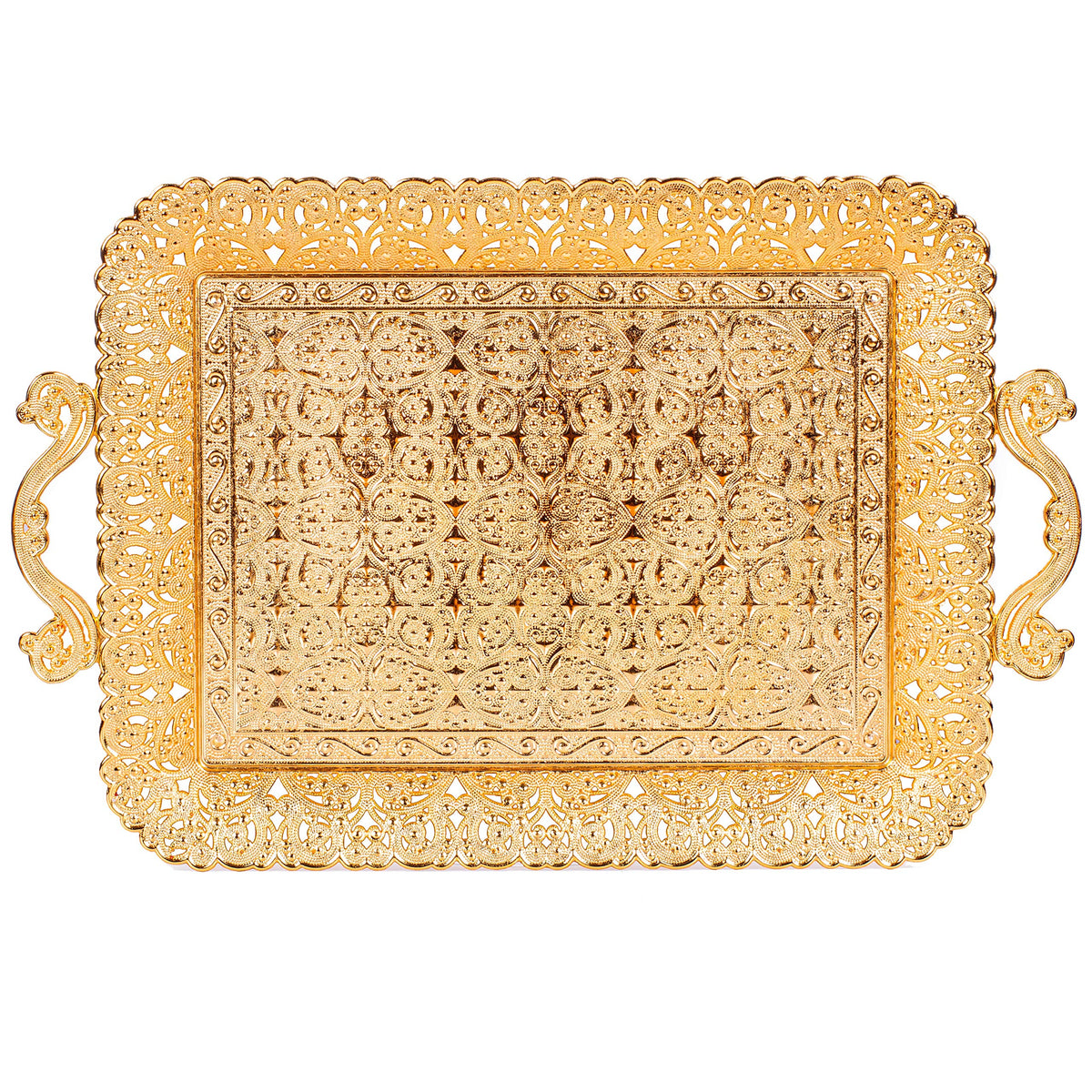 Alisveristime Turkish Ottoman Authentic Floral Design Zamak Serving Tray For Coffee & Tea (16.50 In X 11 In) (Gold)