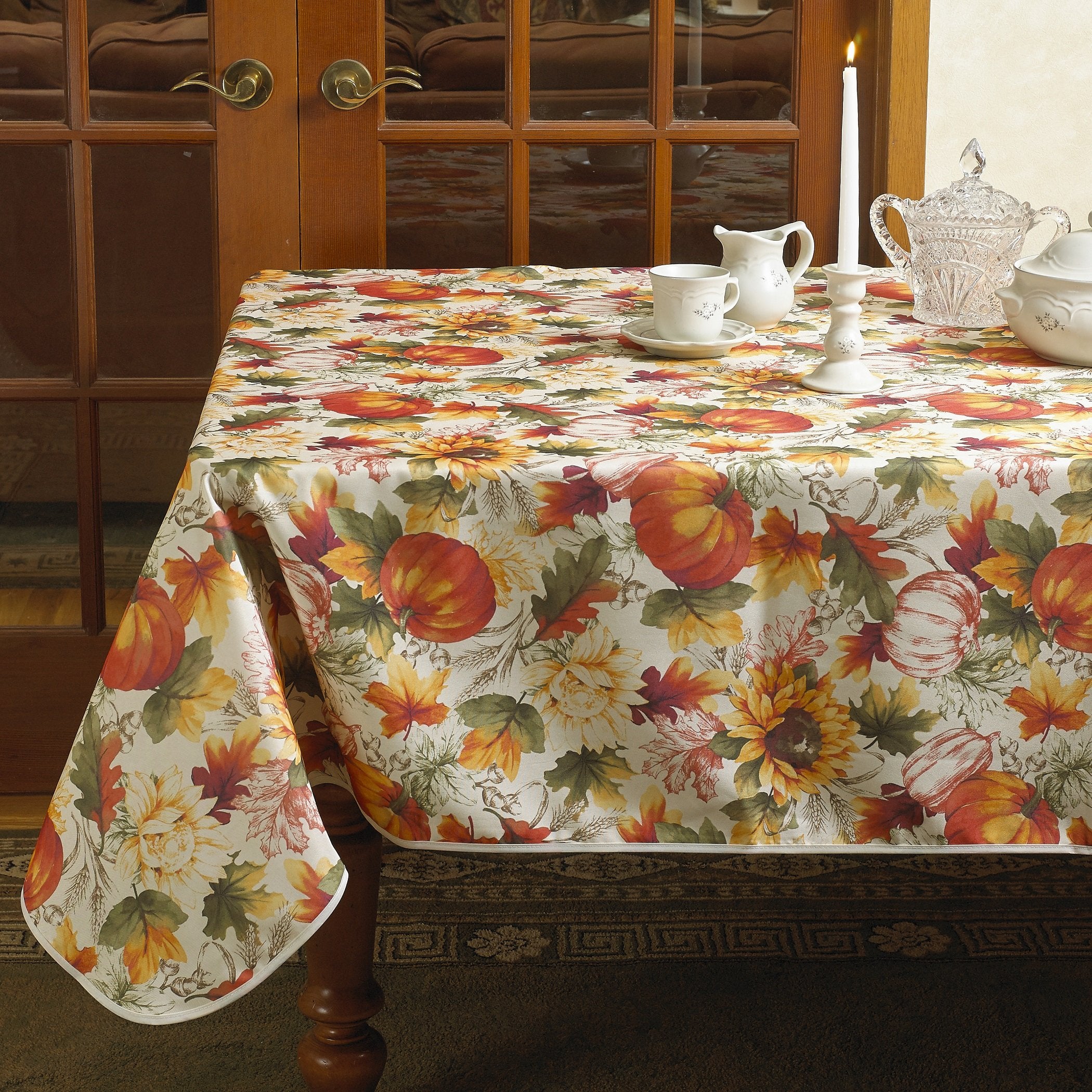 European Fall Harvest Pumpkins And Autumn Leaves Printed Tablecloth - 60'' X 102''