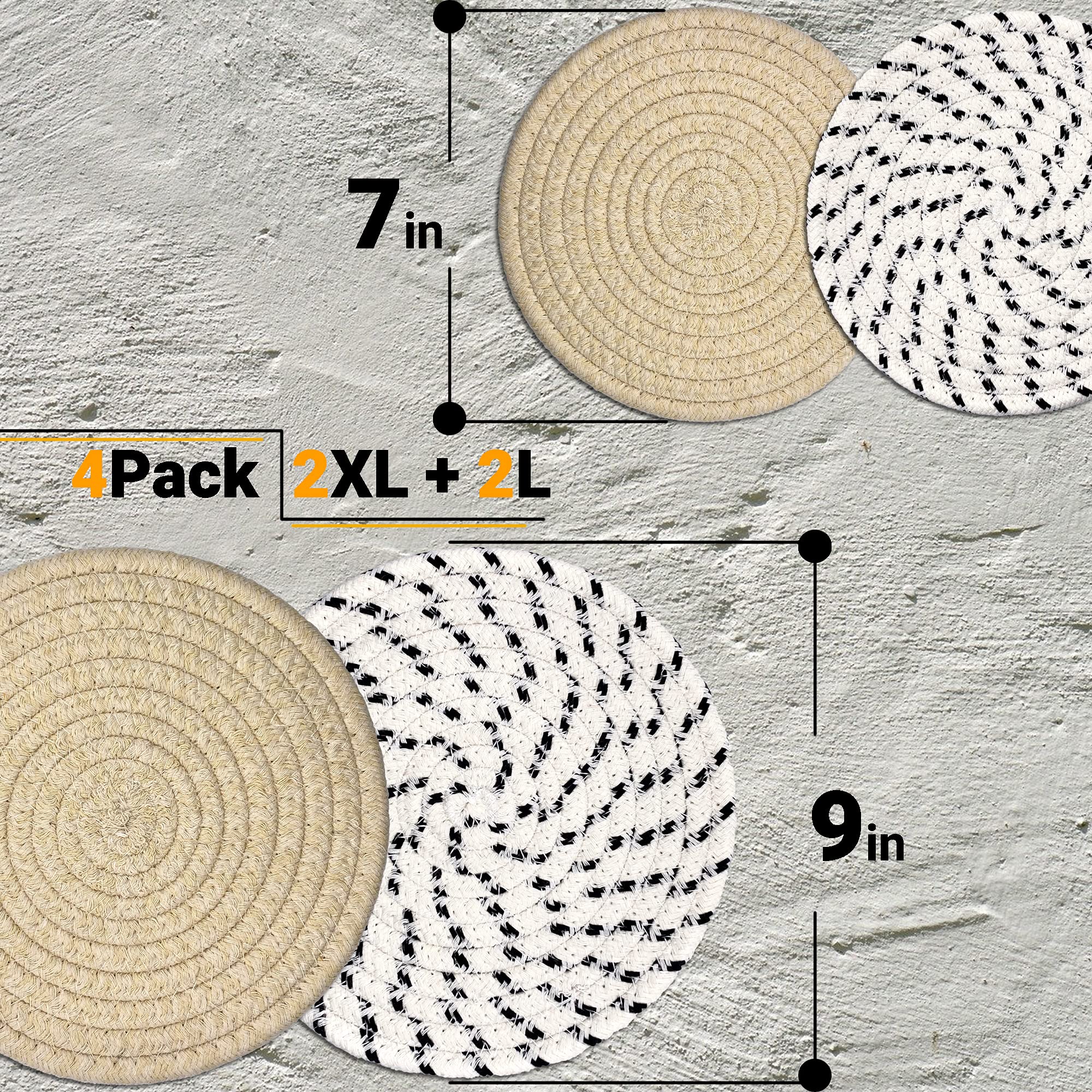 Potholders Set Trivets Set Of 4[Two 9-Inch+Two 7-Inch] | 100% Eco Pure Cotton Thread Weave Trivets For Hot Pots And Pans | Hot C