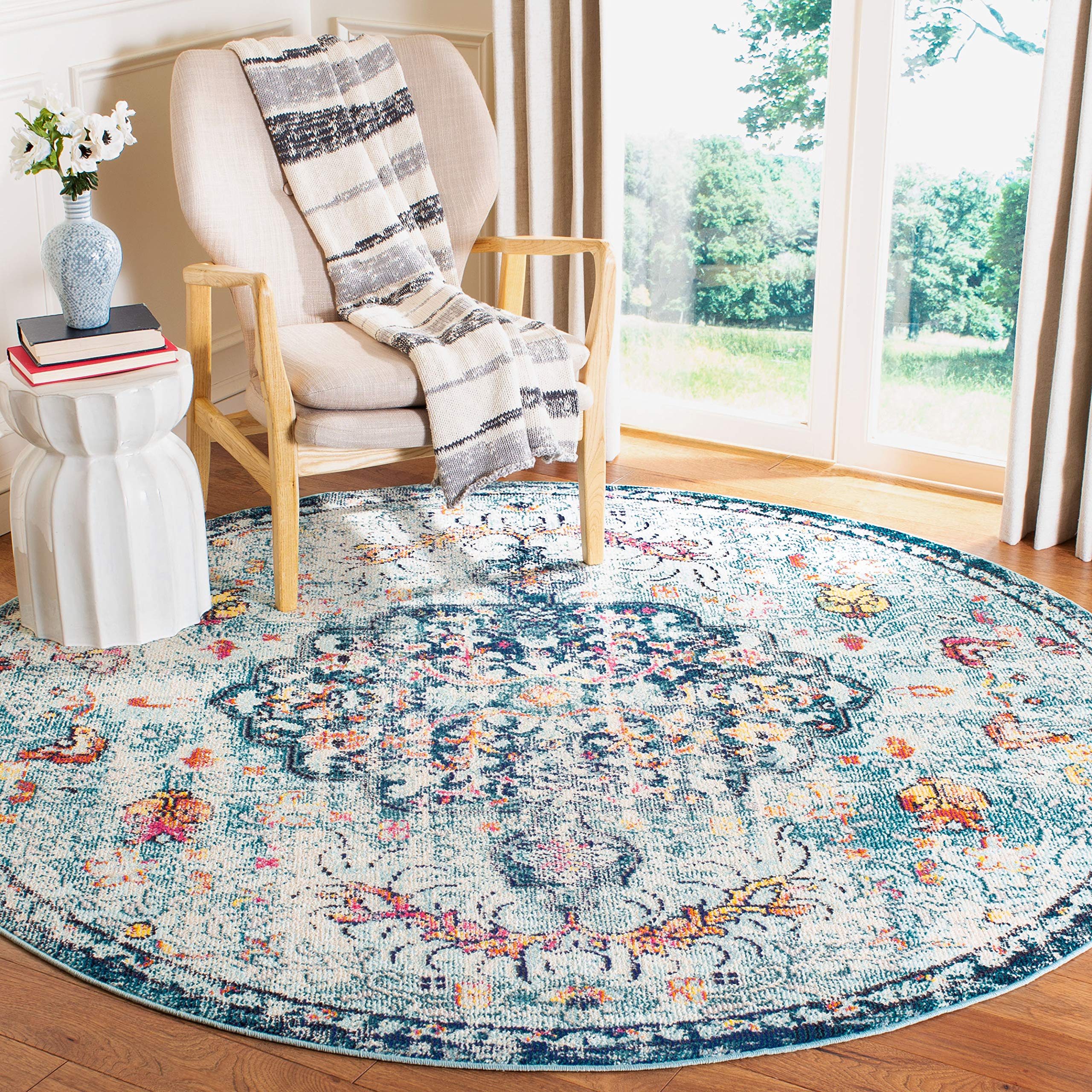 SAFAVIEH Madison Collection 8 Round Navy/Light Blue MAD447K Boho Chic Medallion Distressed Non-Shedding Dining Room Entryway Fo