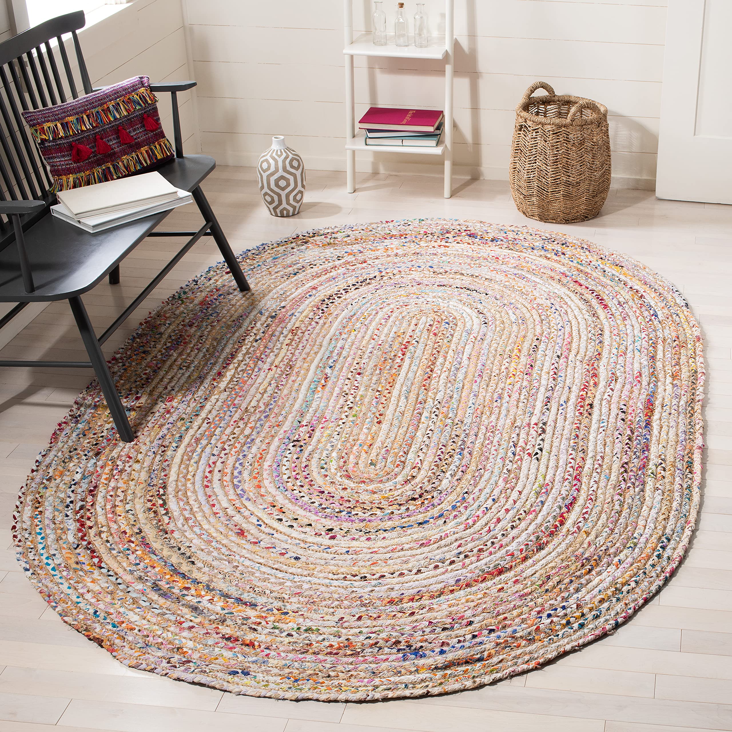 SAFAVIEH Cape Cod Collection Area Rug - 6 x 9 Oval, Beige & Multi, Handmade Boho Braided Jute & Cotton, Ideal for High Traffic