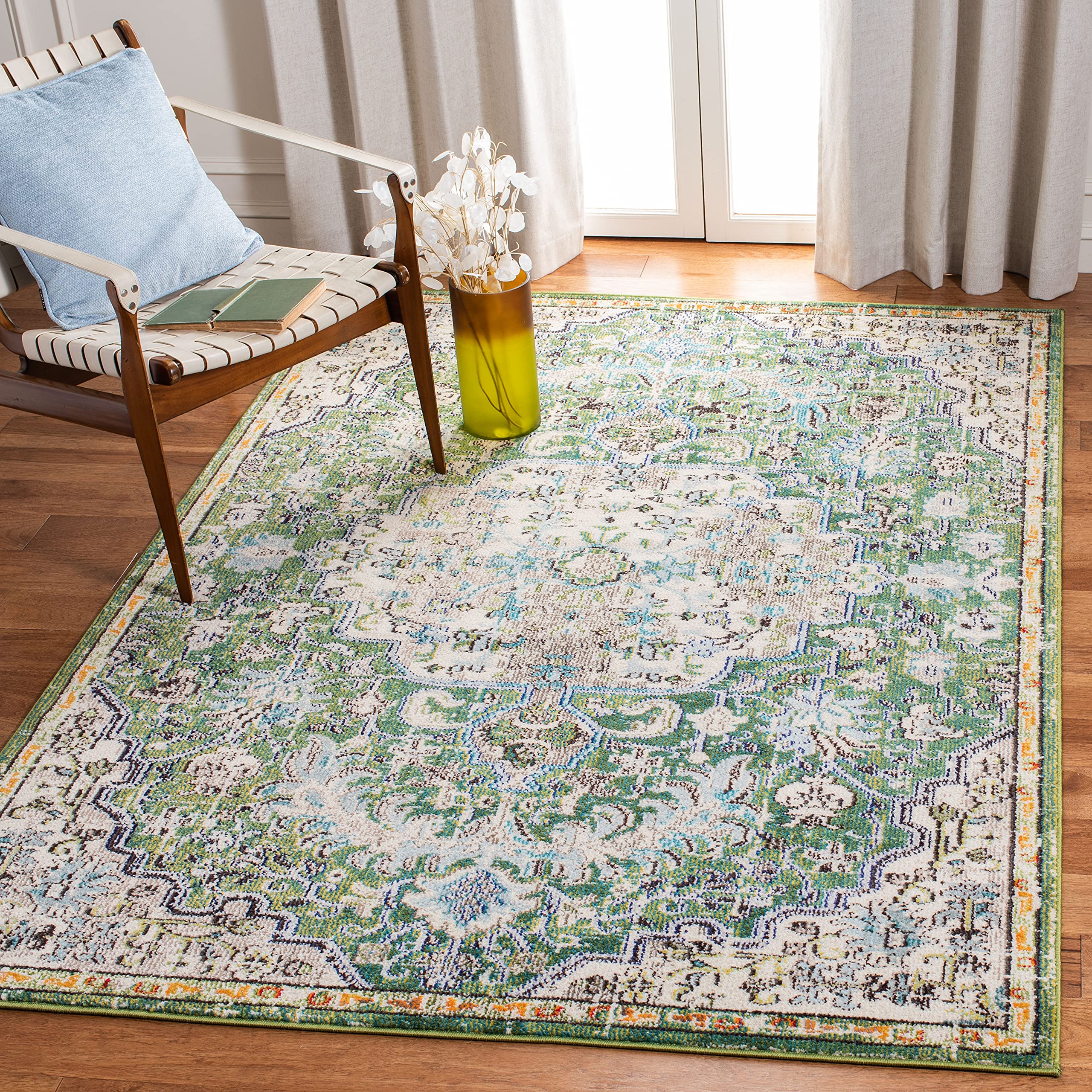 SAFAVIEH Madison Collection Area Rug - 6 x 9, Green & Turquoise, Boho Chic Medallion Distressed Design, Non-Shedding & Easy Ca