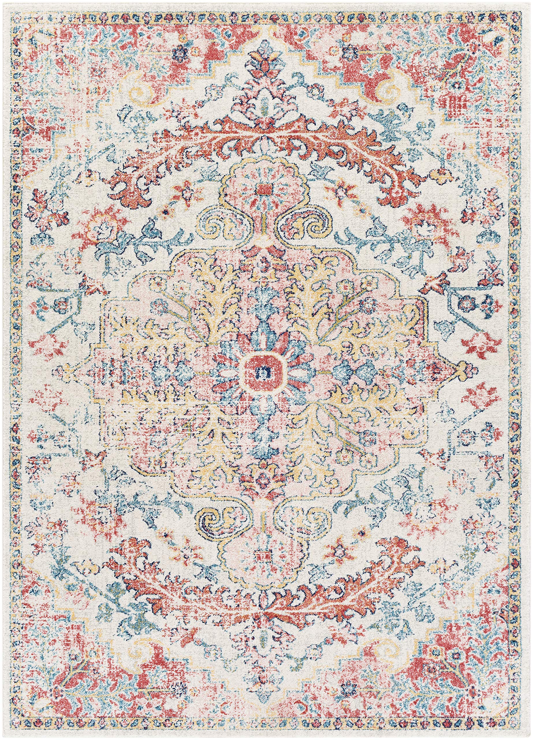 Livabliss Area Rugs - 7x9 Odelia Vintage Boho Red Off-White Blue Area Rug for Living Room Bedroom - Floral Medallion Stain Resis