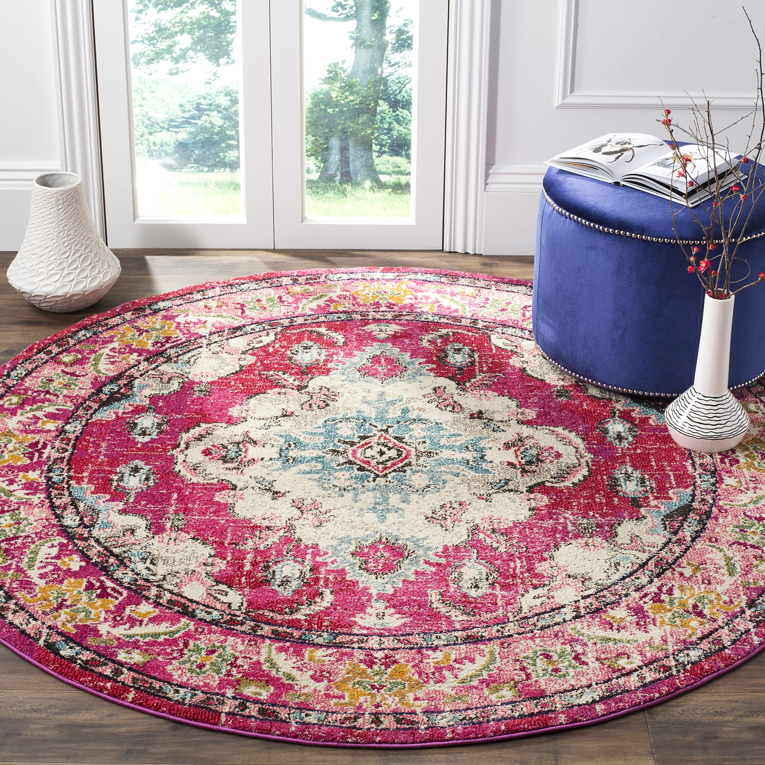 SAFAVIEH Monaco Collection 3 Round Pink/Multi MNC243D Boho Chic Medallion Distressed Non-Shedding Dining Room Entryway Foyer Li