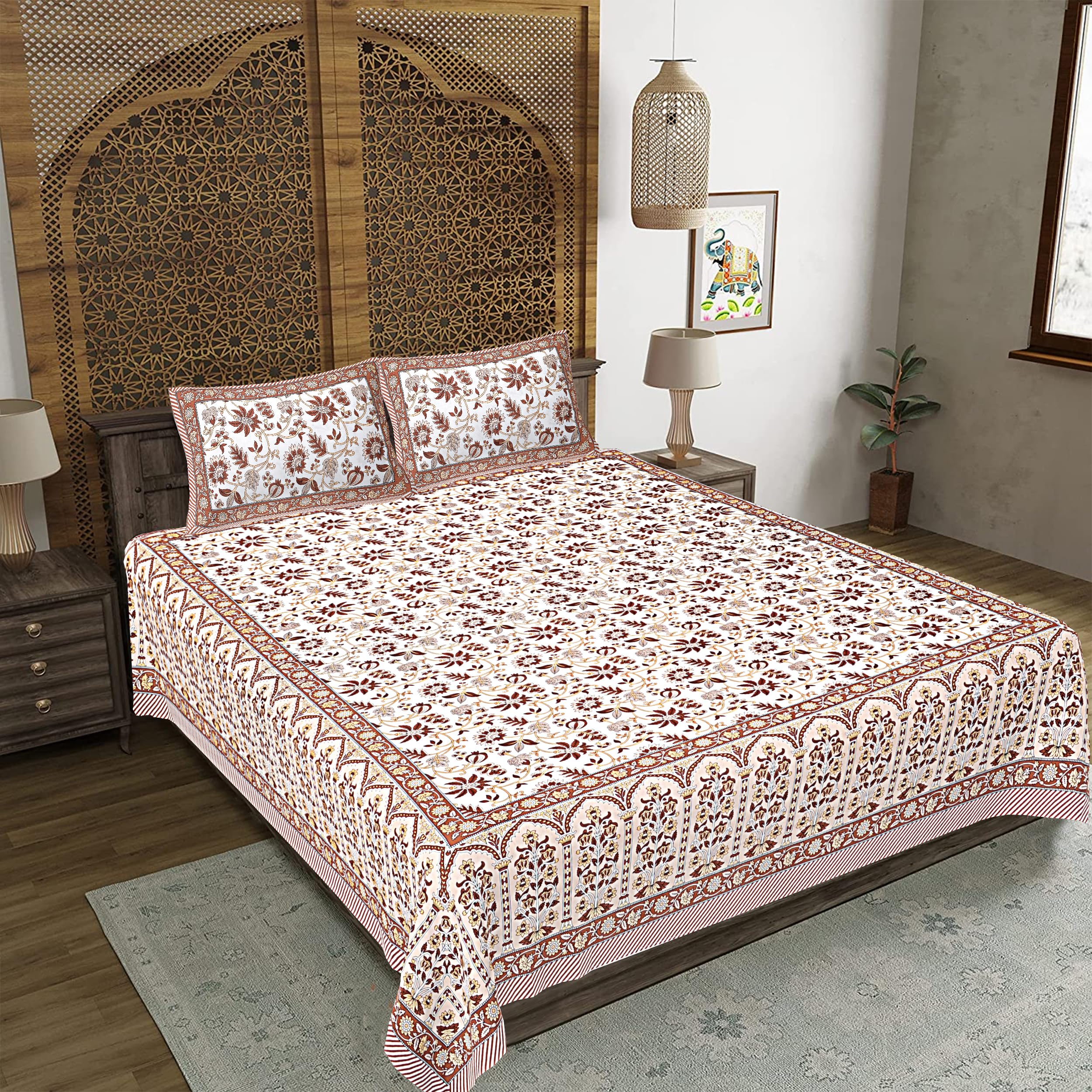 Jaipuri Style Jaipuri Cotton Rajasthani Double Bedsheet With 2 Pillow Cover 100% Cotton Double Bedsheet Rajasthani Bedcover