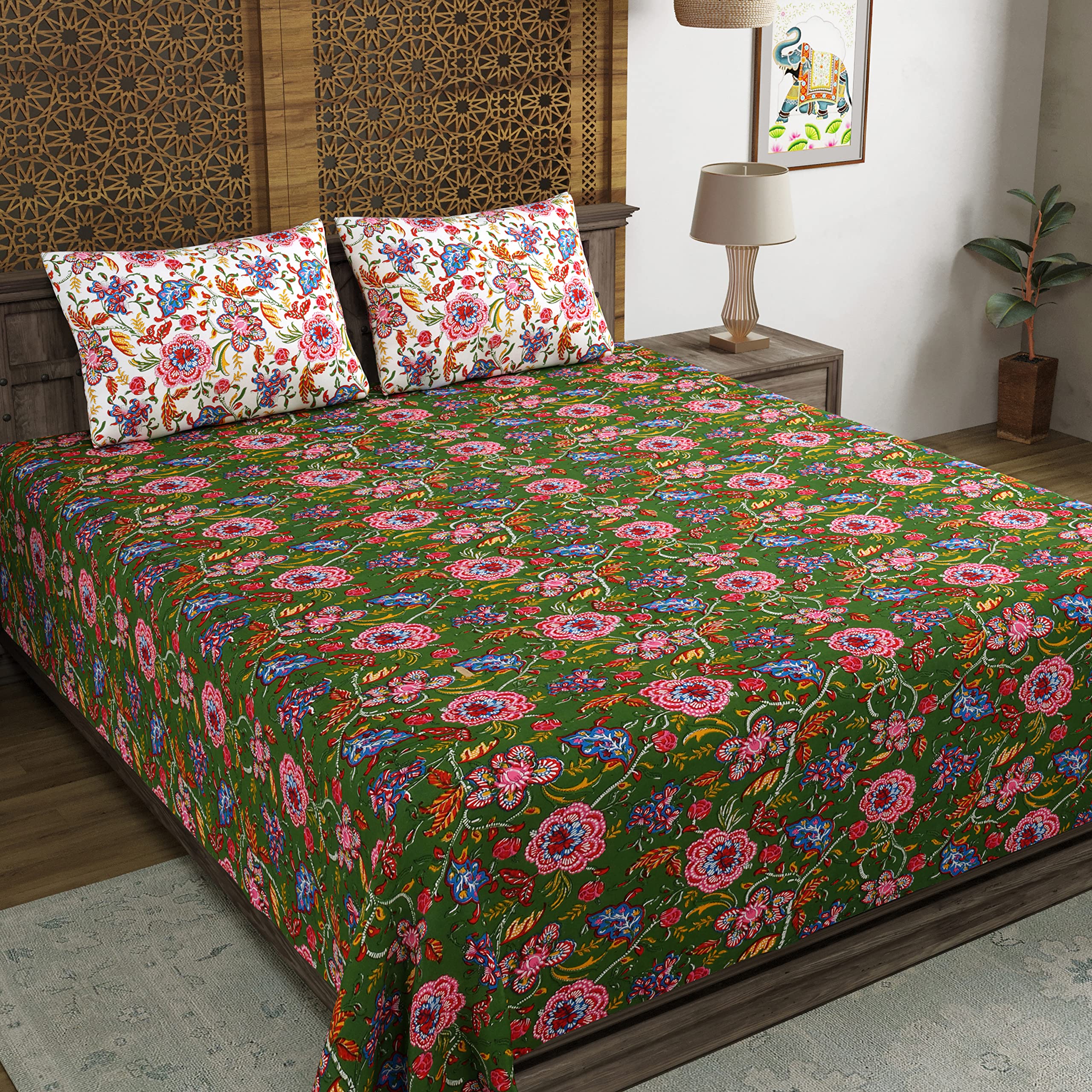 Blocks Of India Hand Block Printed 200 Tc Cotton Super King Size Bedsheet(106 X 106) (Green Jaal)