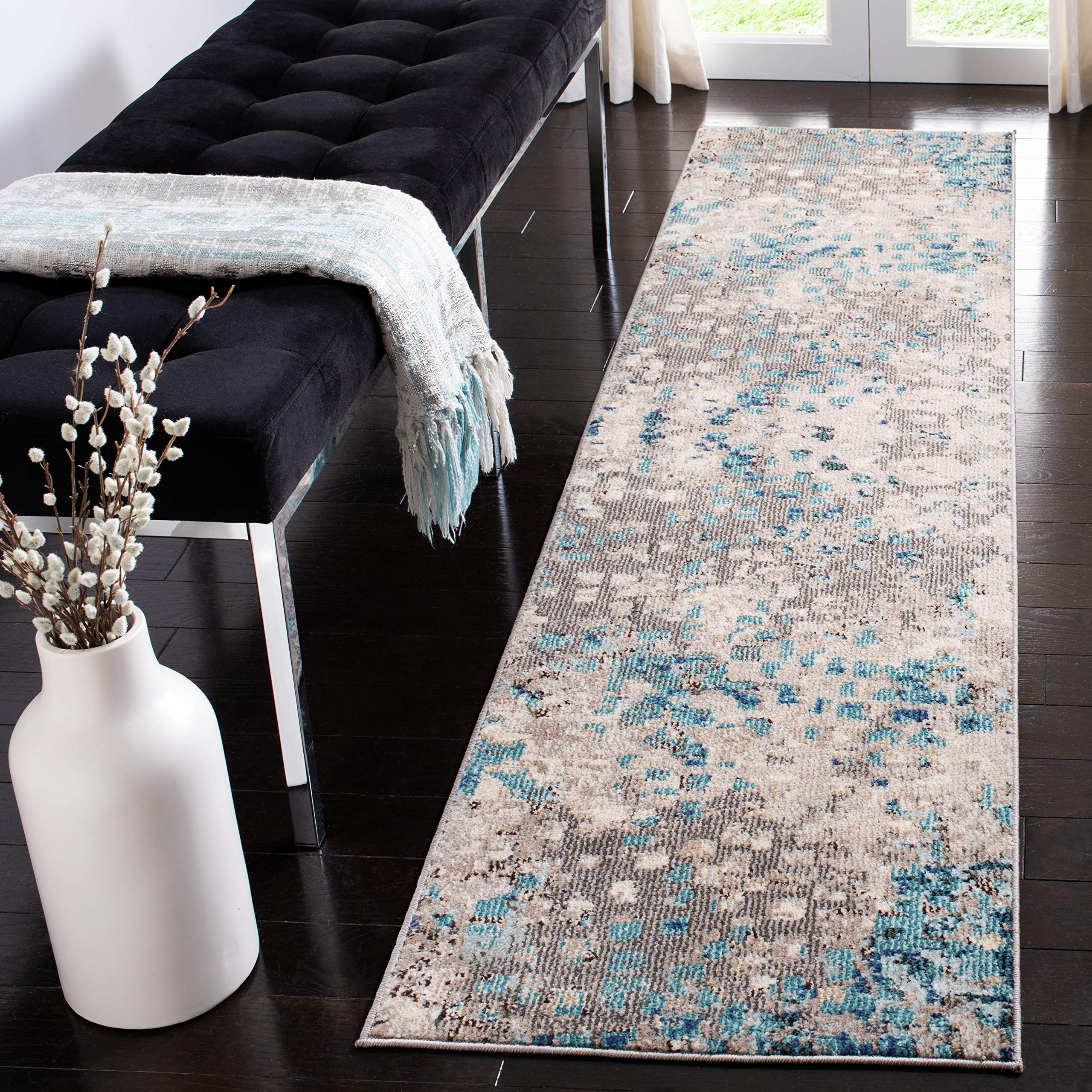 SAFAVIEH Madison Collection 4 Square Grey/Blue MAD425E Boho Abstract Distressed Non-Shedding Living Room Bedroom Accent Rug
