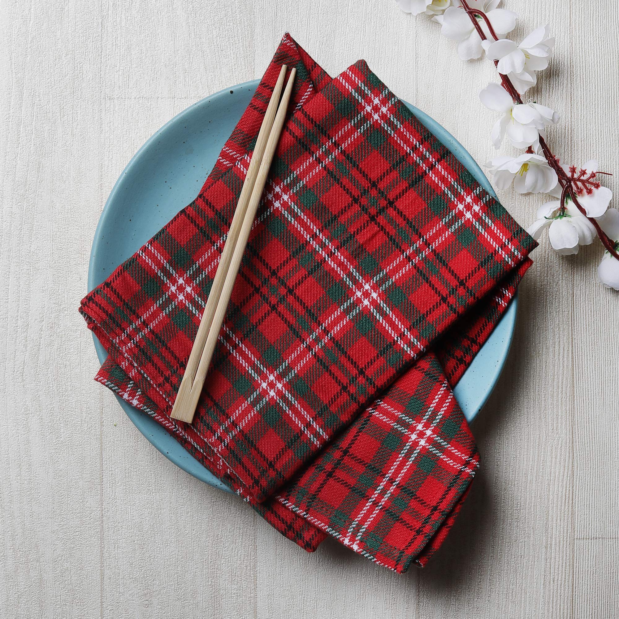 DG Collections Dinner Napkins  100% Cotton Over Sized Kitchen Napkins  Set of 12 Pack (19 x 19 Inch) Red & Green Plaid for Christmas and Thanksgiving with Mitered Corner and Lint Free