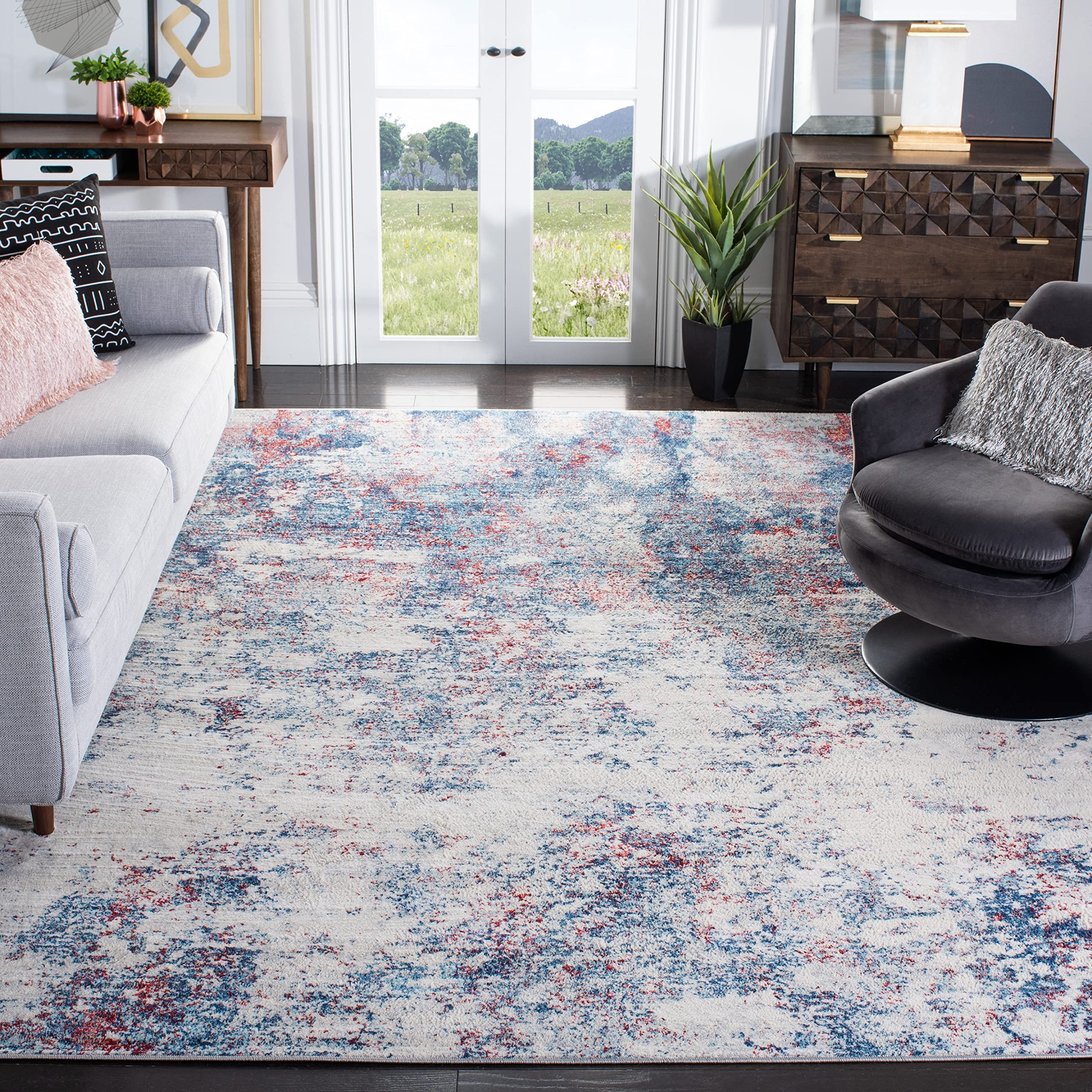 SAFAVIEH Brentwood Collection 6 x 9 Navy / Red BNT822N Modern Abstract Non-Shedding Living Room Bedroom Dining Home Office Are