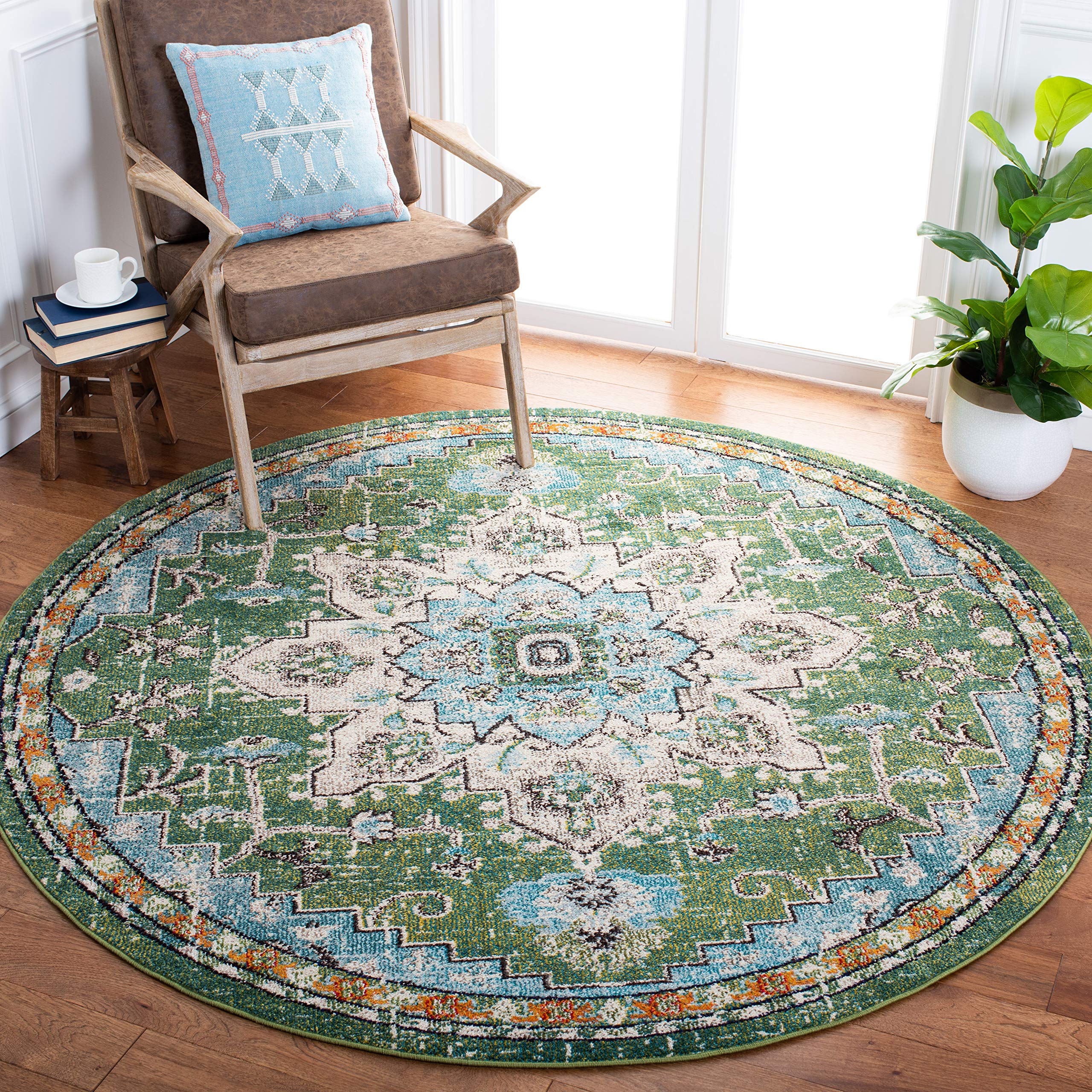 SAFAVIEH Madison Collection 9 Round Green Turquoise MAD473Y Boho Chic Medallion Distressed Non-Shedding Dining Room Entryway Fo