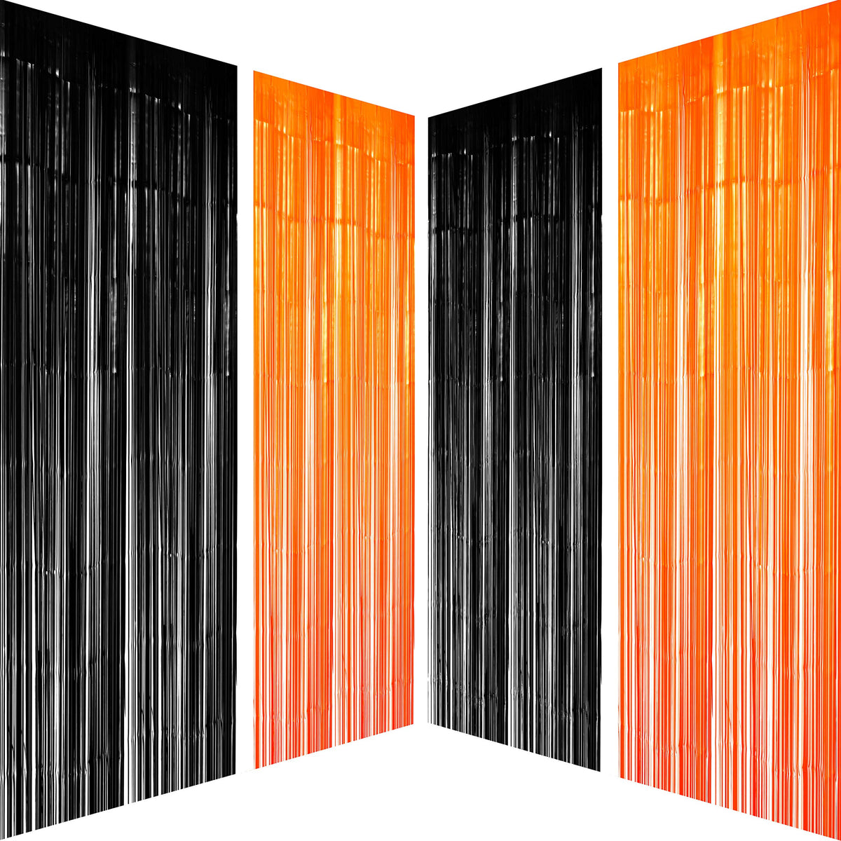 Black Orange Party Foil Curtains - Halloween Graduation Party Metallic Tinsel Foil Fringe Curtains Construction Birthday Baby Sh