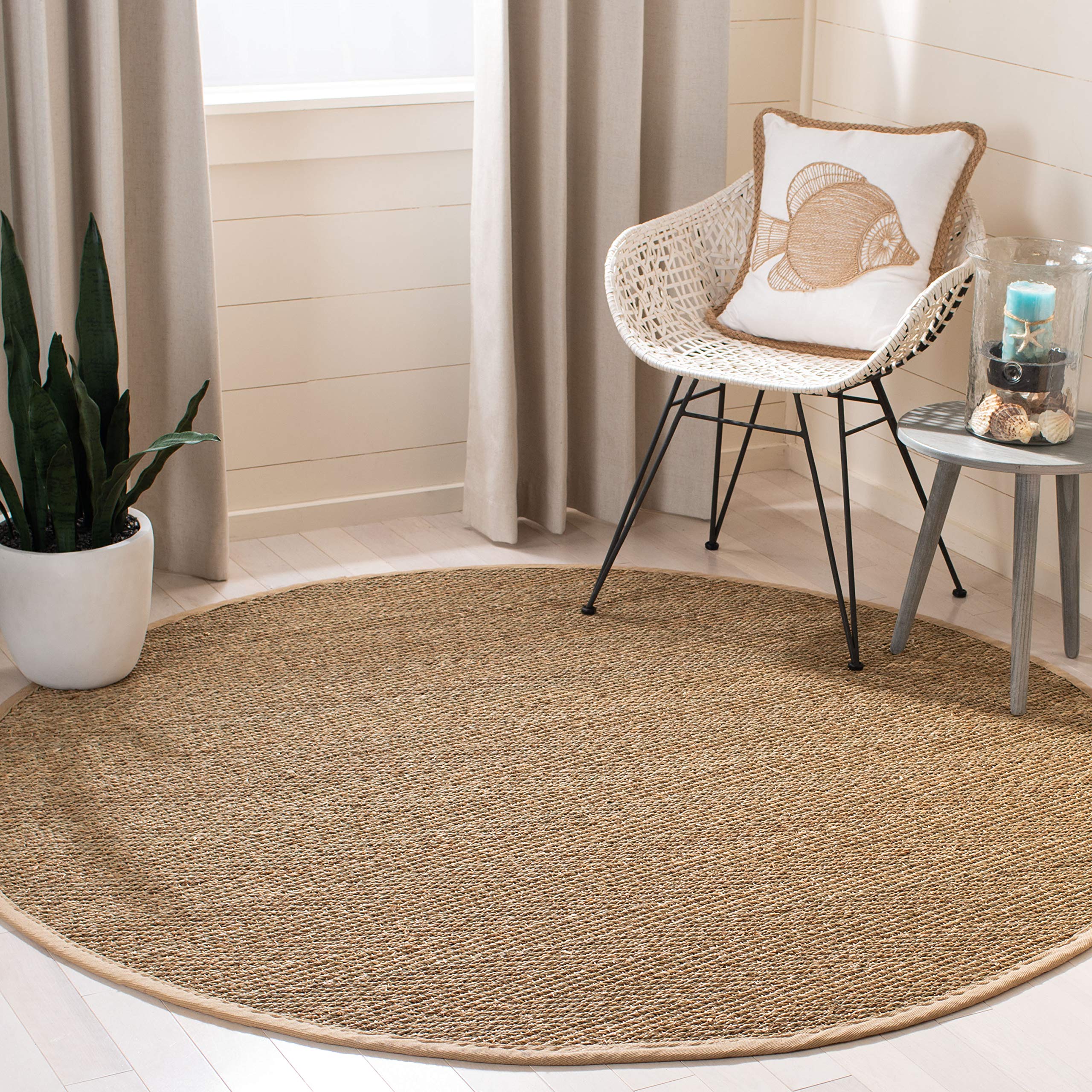 SAFAVIEH Natural Fiber Collection Area Rug - 9 Round, Natural & Beige, Border Herringbone Seagrass Design, Easy Care, Ideal for