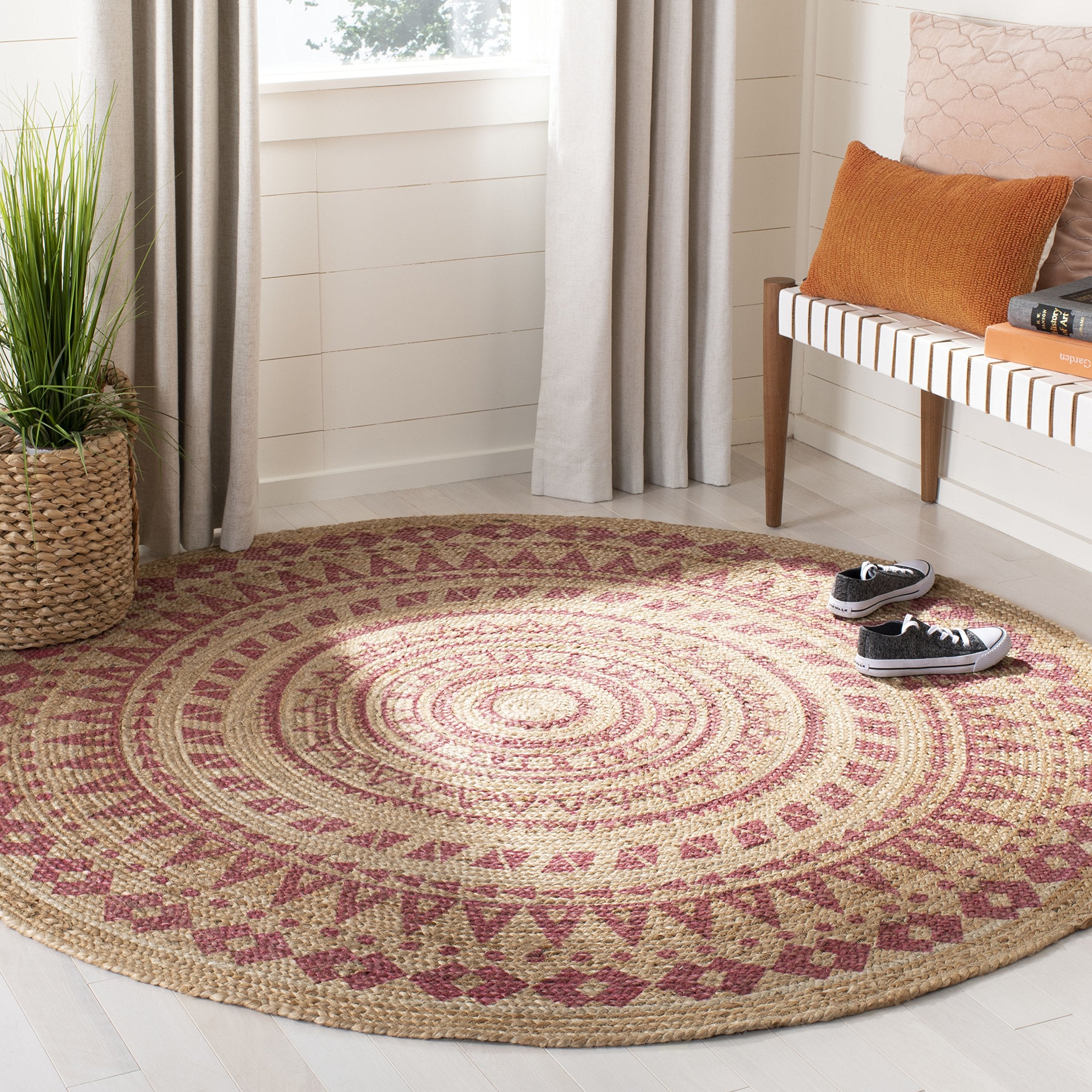 SAFAVIEH Natural Fiber Round Collection 3 Round Pink NF802P Handmade Boho Mandala Braided Jute Area Rug