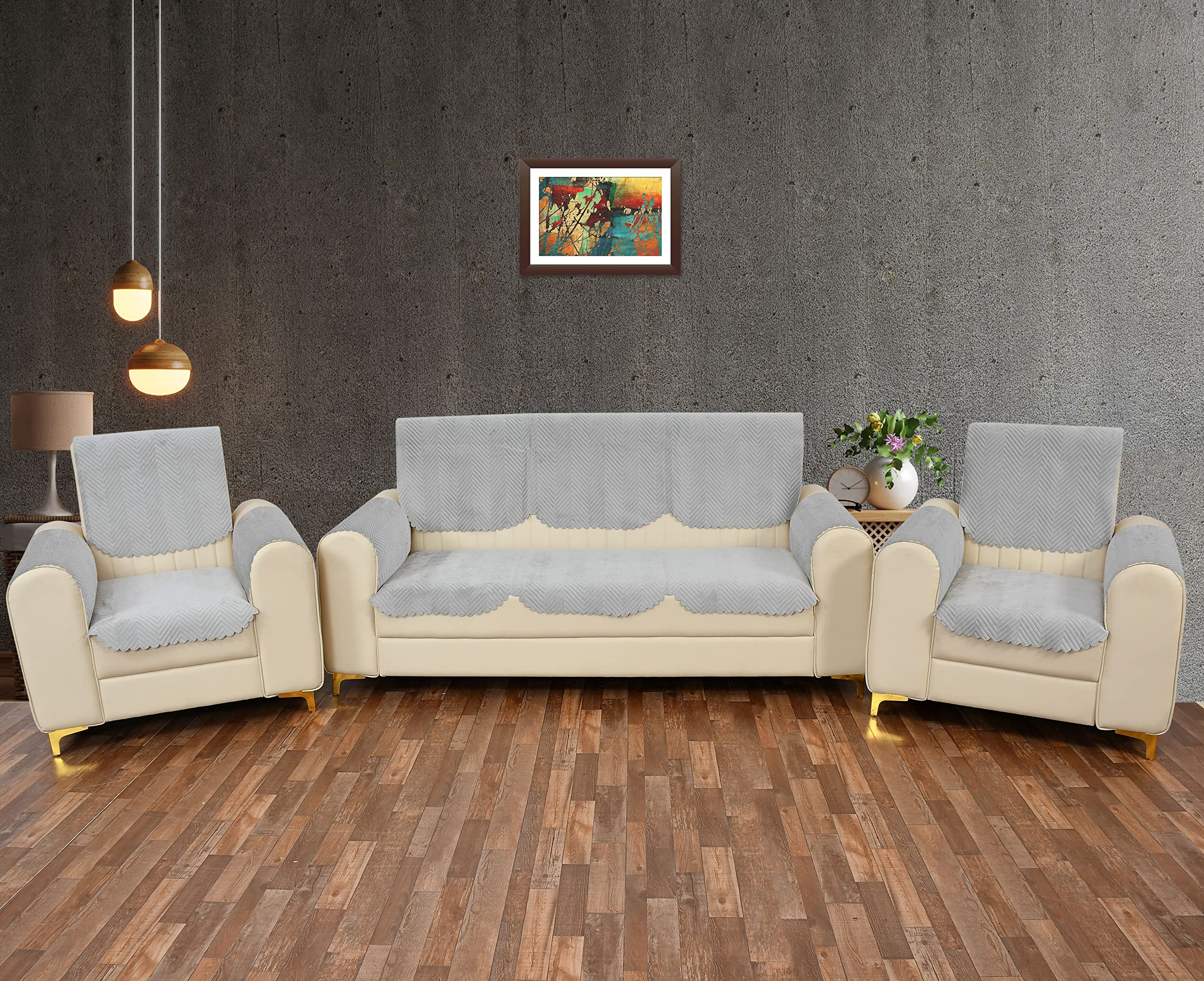 Yellow Weaves 5 Seater Quilted Sofa Cover And Chair Cover With Arm Cover, Seat & Back Cover, Color - Light Grey