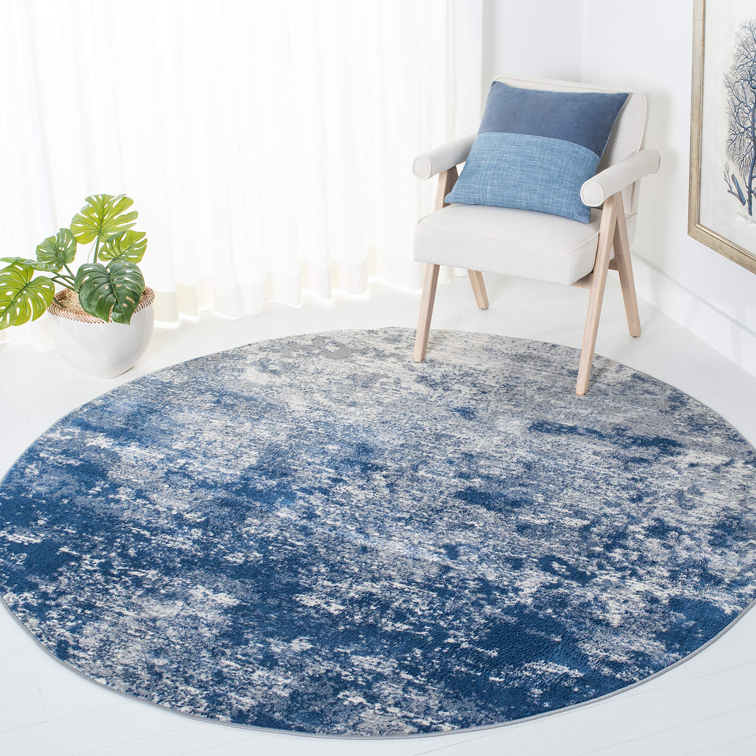 Safavieh Brentwood Collection 8 Round Grey/Navy BNT822G Modern Abstract Non-Shedding Area Rug