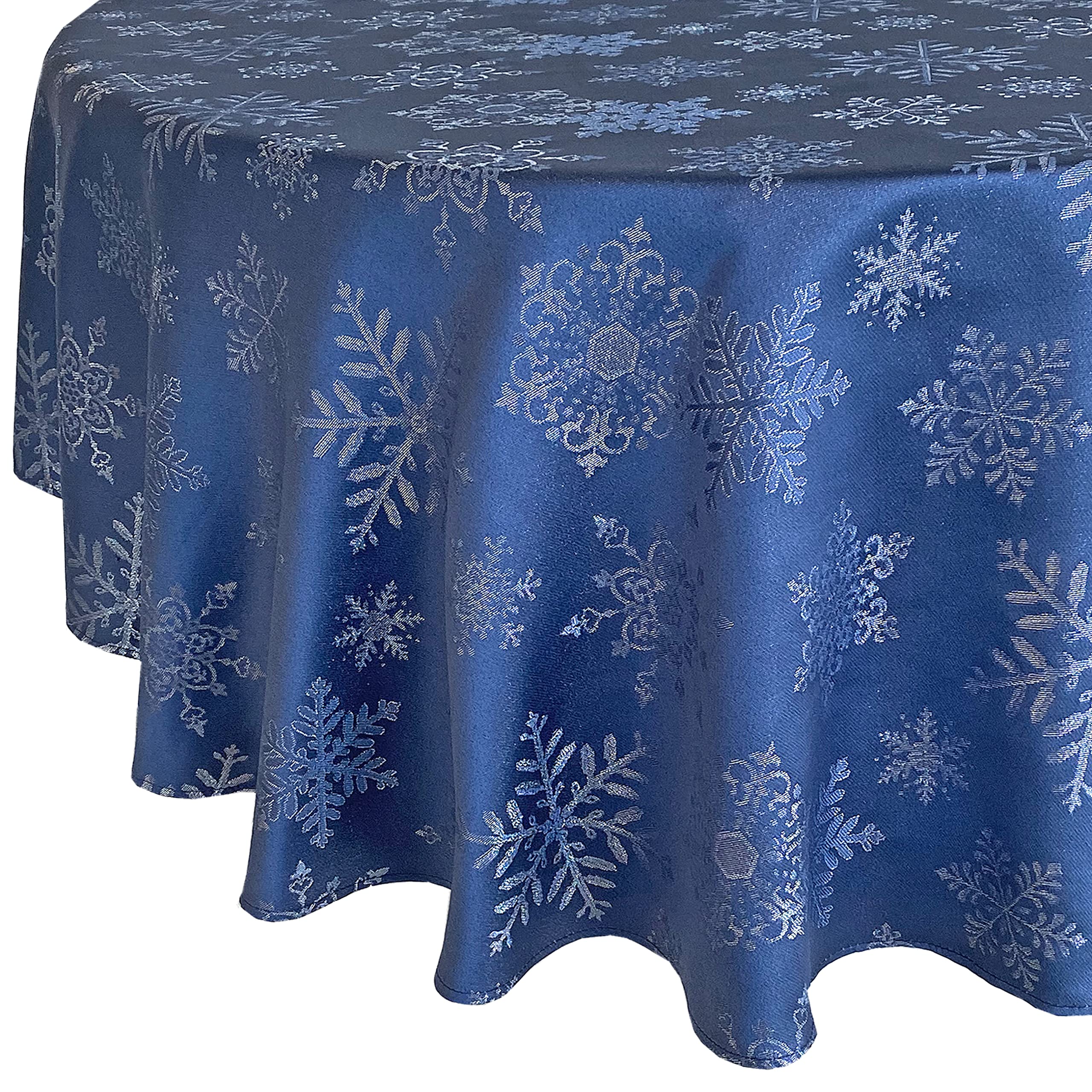 Newbridge Fancy Metallic Snowflake Christmas No-Iron Soil Resistant Fabric Holiday Tablecloth  Sparkling Snowflakes Lurex Woven Easy Care Tablecloth  60 Inch x 84 Inch Oval  Navy/Silver