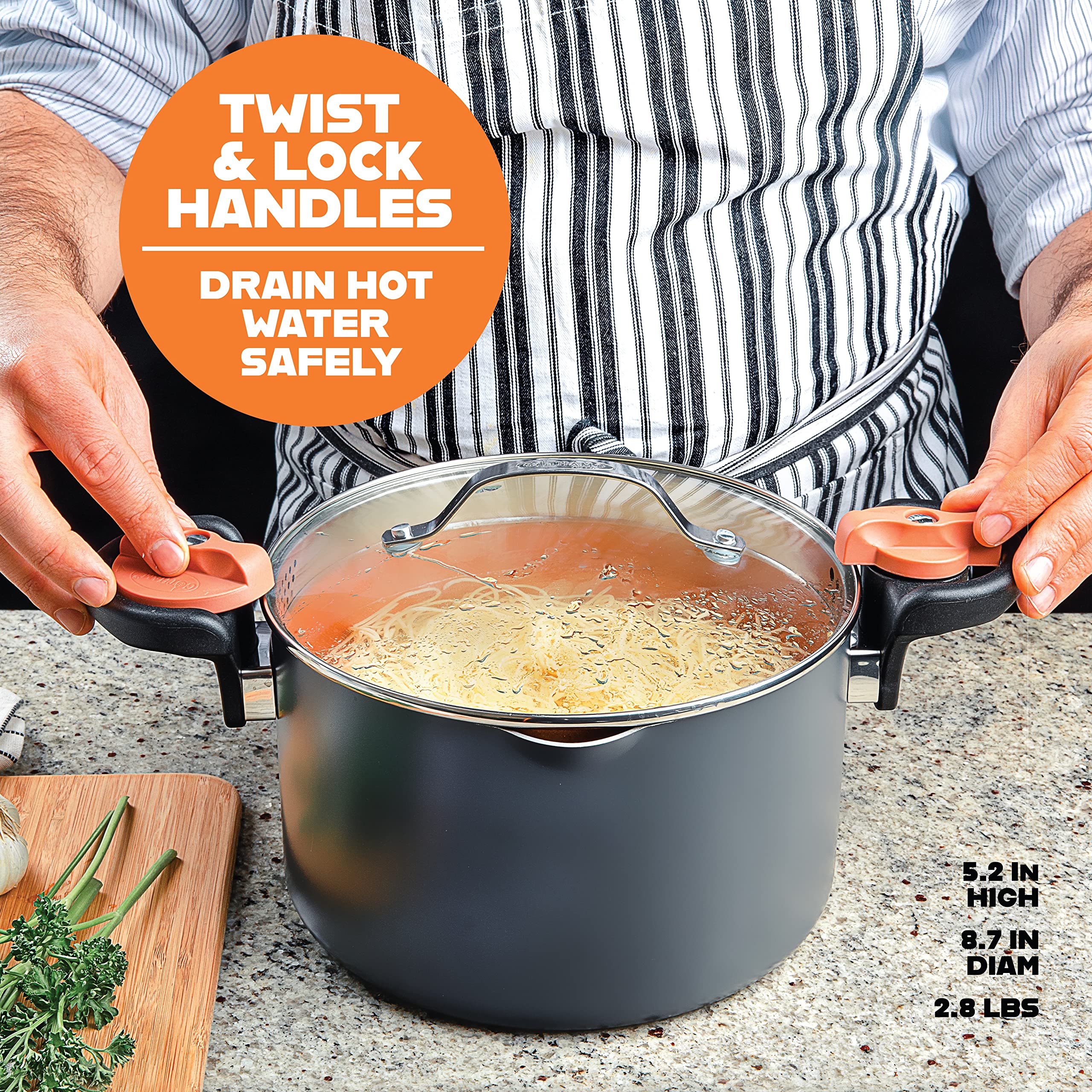 Gotham Steel 5 Quart Stock Pot Multipurpose Pasta Pot With Strainer Lid & Twist And Lock Handles, Nonstick Ceramic Surface Makes