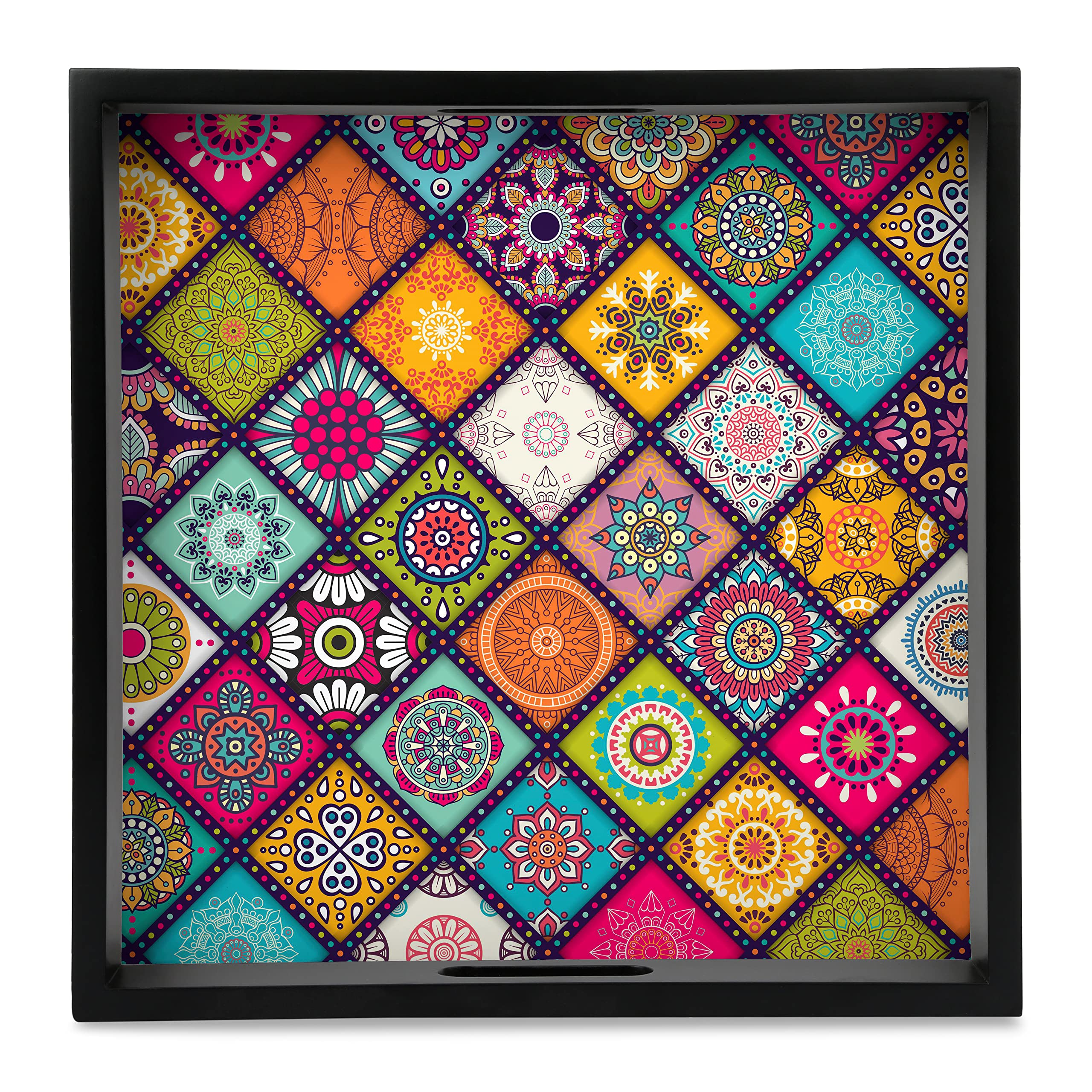 Brahma Design Serving Tray | Multi Mandala Design With Black Border | Square 12'' X 12'' Wooden Tray For Serving | Tray For Deco