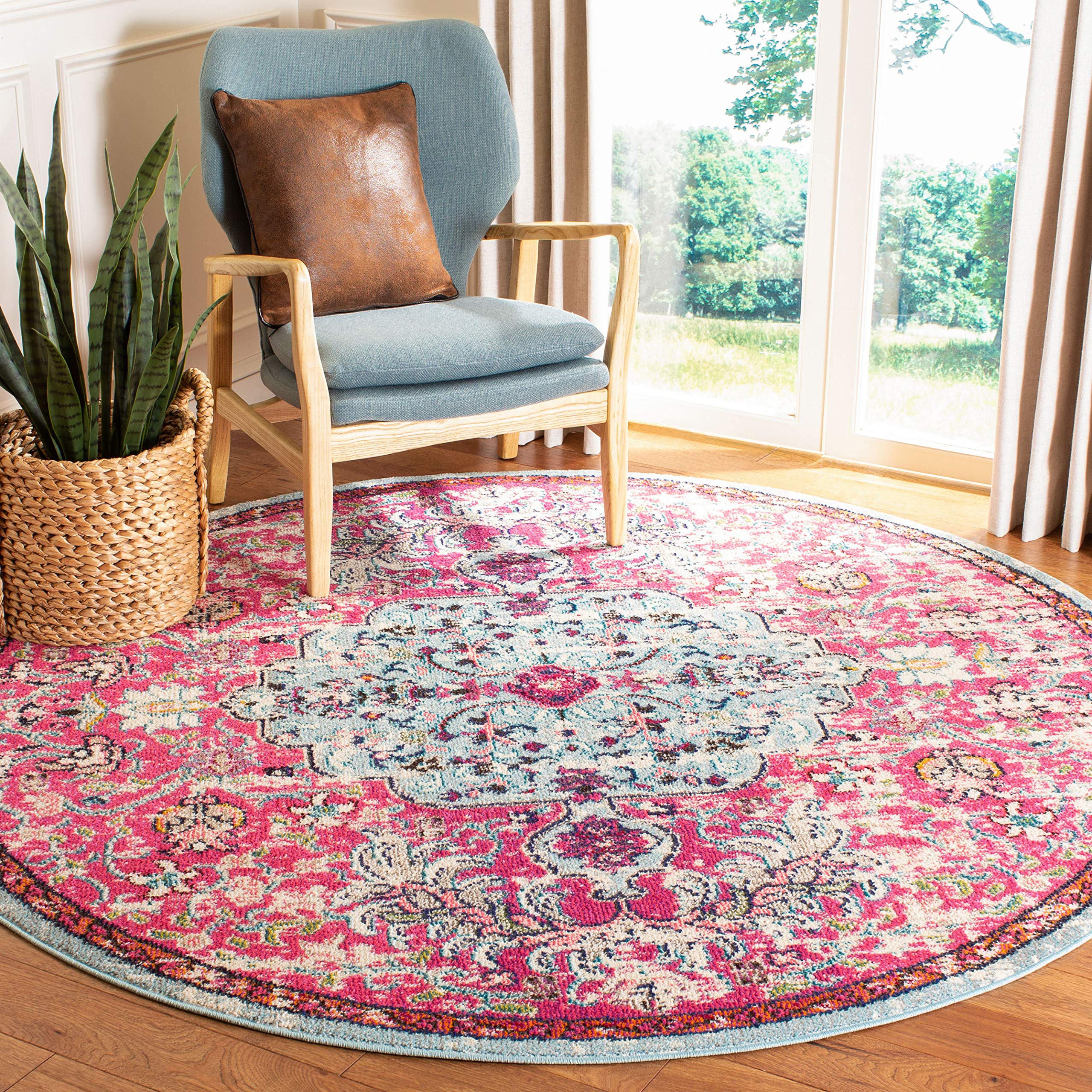 SAFAVIEH Madison Collection 67 Round Fuchsia / Teal MAD447R Boho Chic Medallion Distressed Non-Shedding Dining Room Entryway Fo