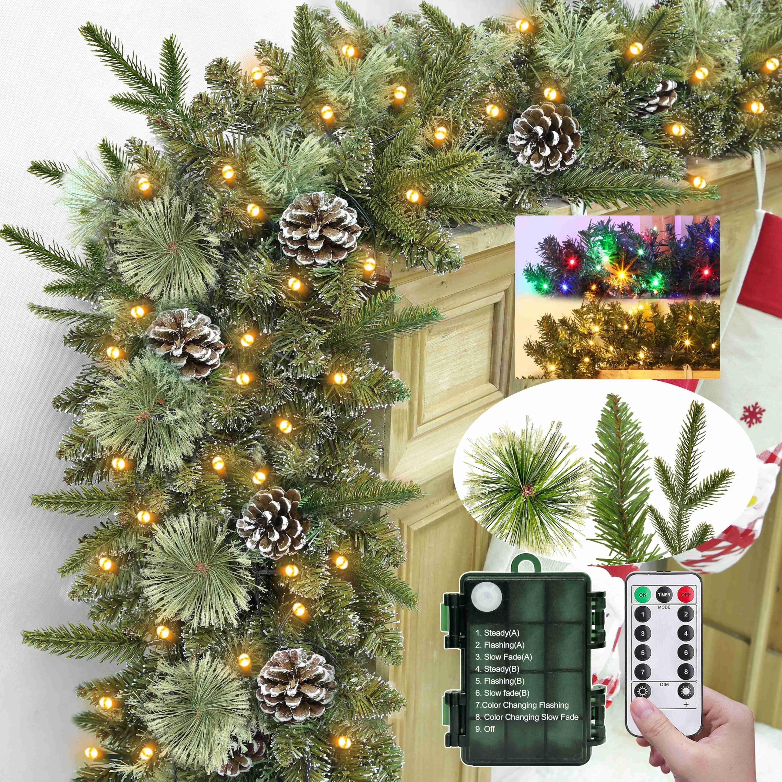 Realistic-Feel PE&Remote-9 Ft by 12 Inch Prelit Norfolk Pine Christmas Garland with Timer 50 Warm White&Color Switch Light 8 Mod