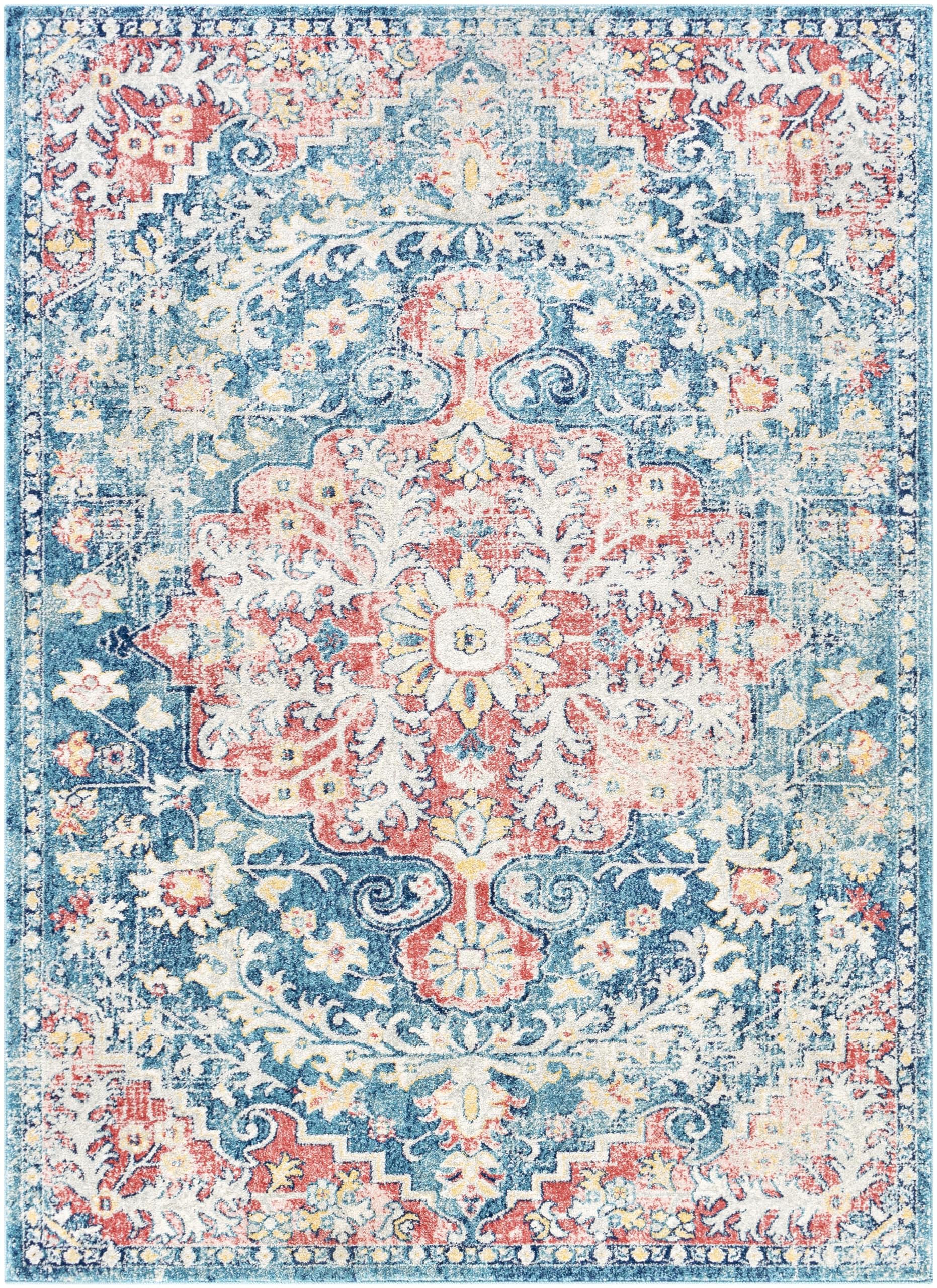 Livabliss Area Rugs - 5x7 Odelia Vintage Boho Blue Off-White Saffron Area Rug for Living Room Bedroom - Floral Medallion Stain R