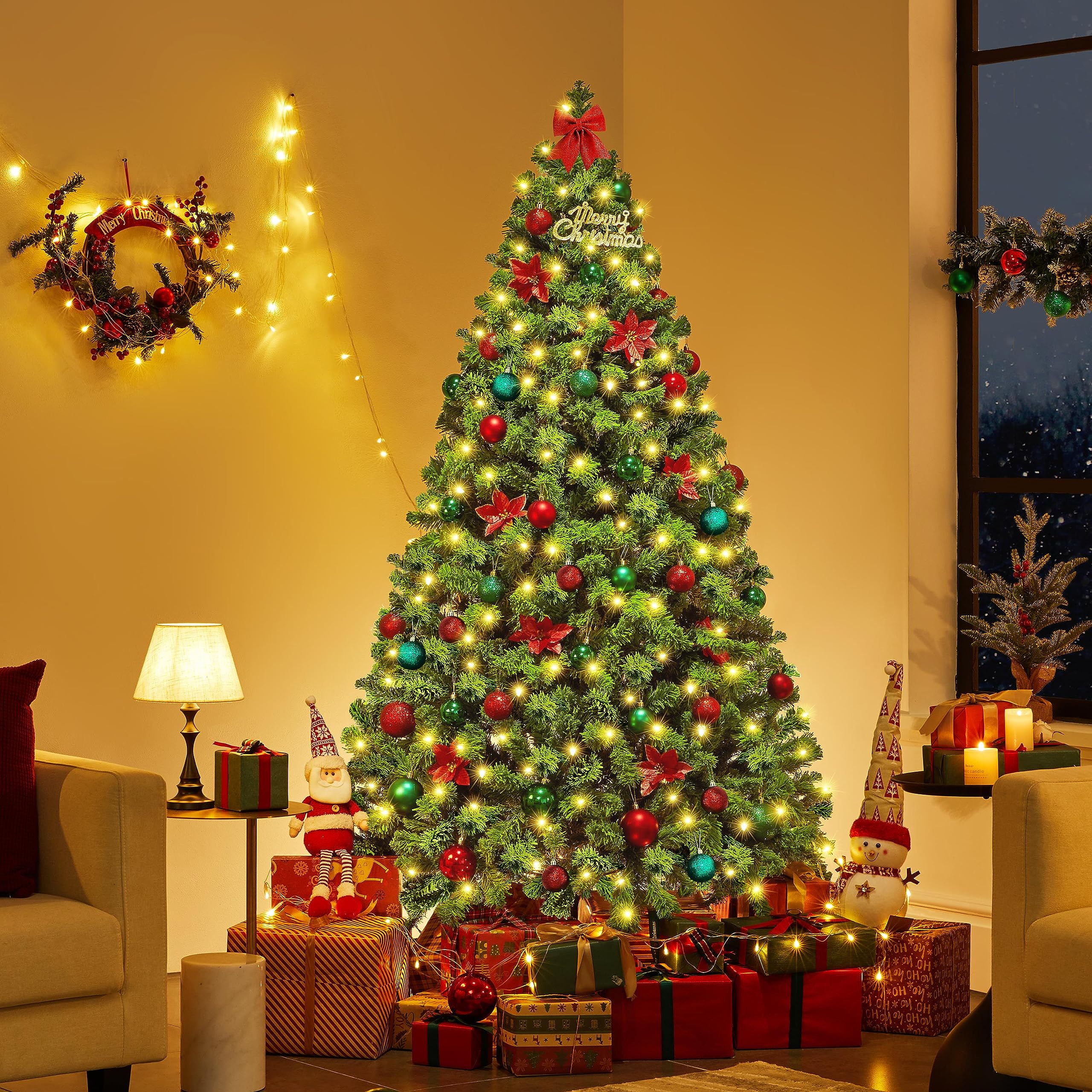 Yaheetech 6ft Pre-lit Artificial Christmas Tree with Incandescent Warm White Lights, Flocked Full Prelighted Xmas Tree with 820