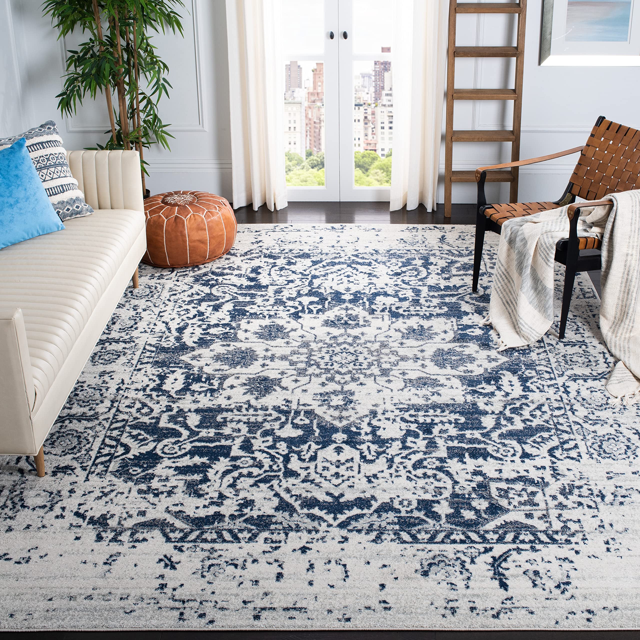 SAFAVIEH Madison Collection X-Large Area Rug - 12 x 15, Cream & Navy, Snowflake Medallion Distressed Design, Non-Shedding & Ea