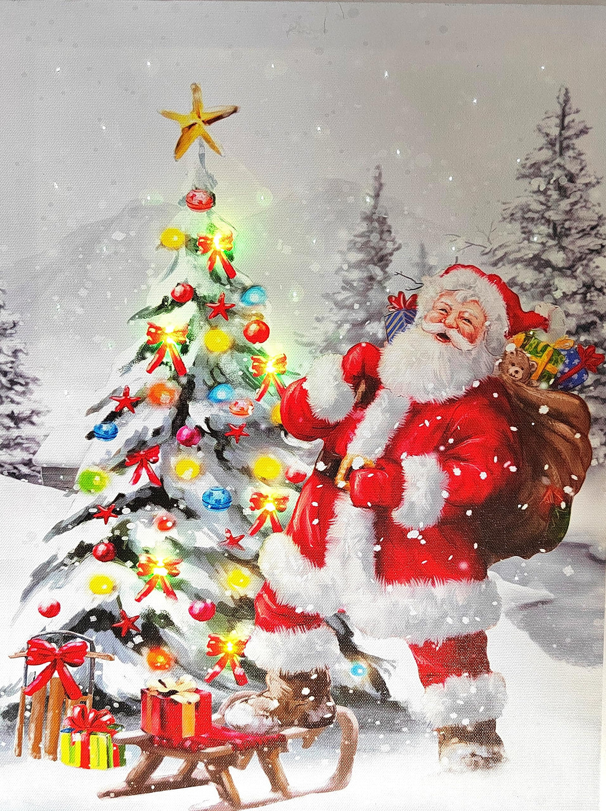 Alottagifts Santa Tree Christmas Canvas Wall Art Print 12'' X 16'' With Timer | Led Lighted Canvas Wall Art Print Design (Santa