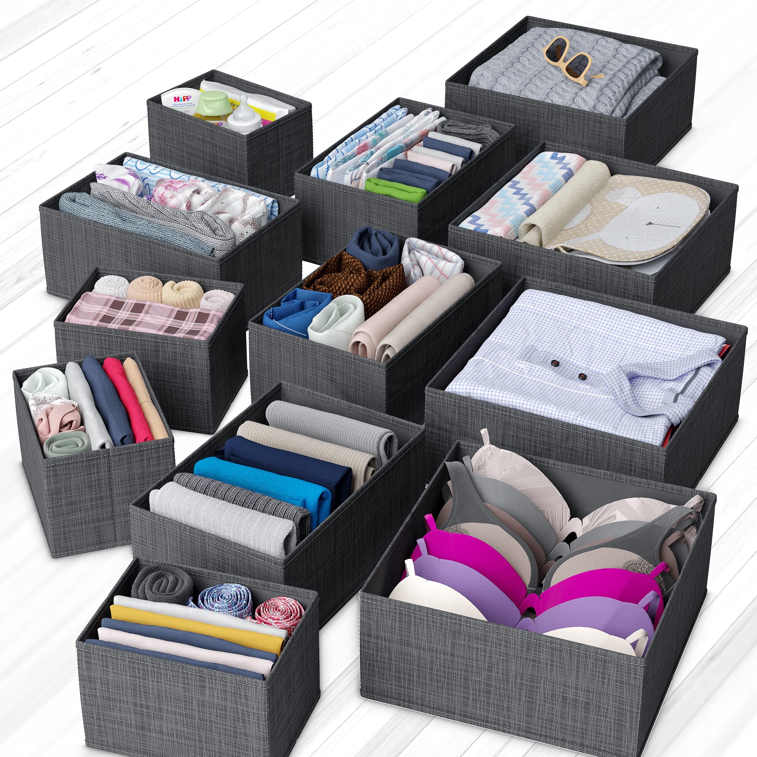 Drawer Organizer Clothes Set of 12 Dark Grey - Dresser Organizer For Nursery, Bedroom, Closet - Perfect Baby Clothes Organizer a