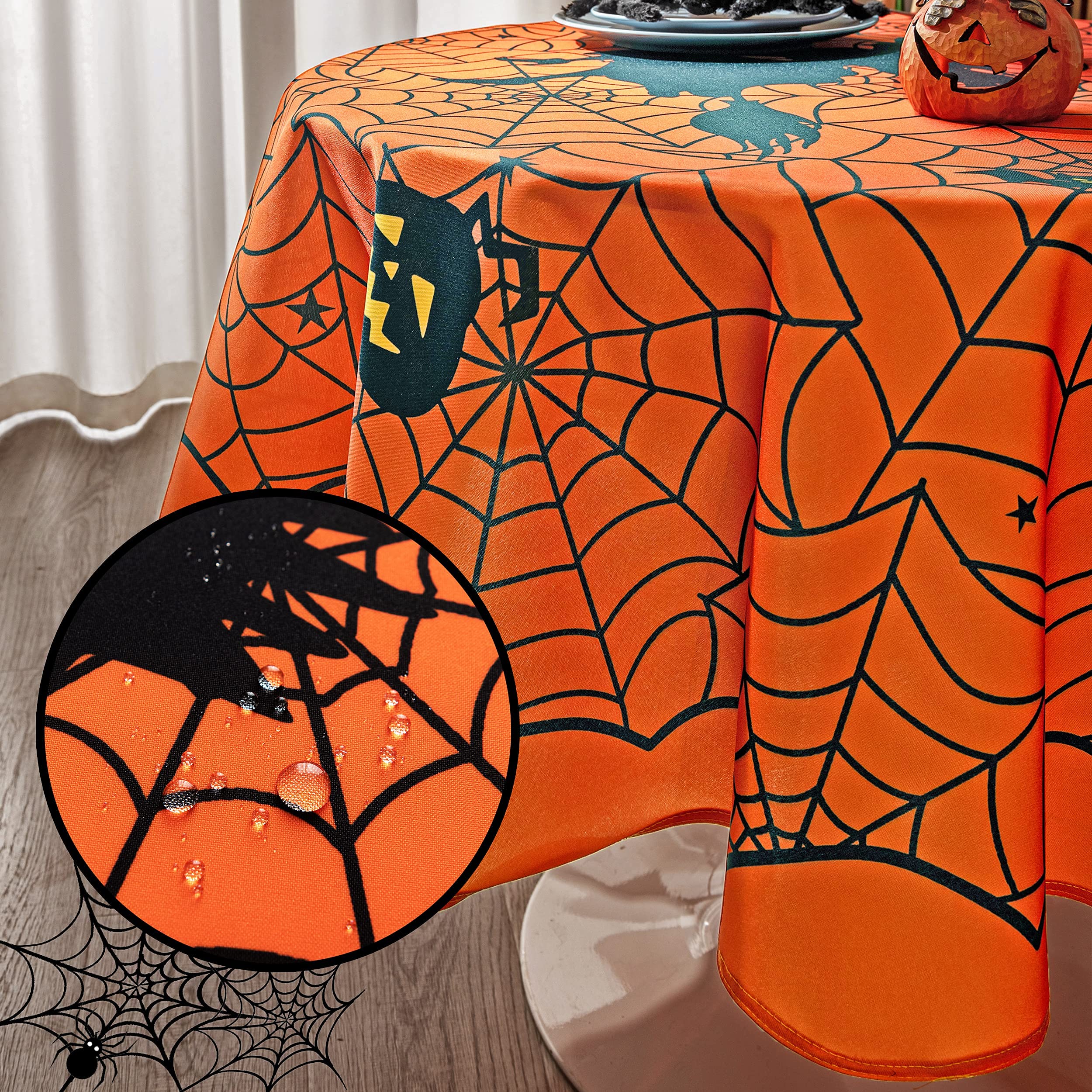 Mikiup Round Halloween Tablecloth - Spider Web Decorative Holiday Table Cloth, Waterproof And Washable Table Cover For Party Kit