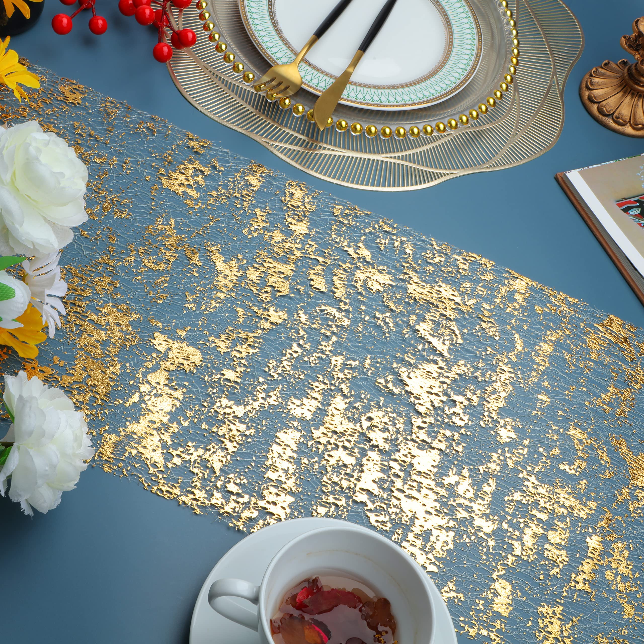 Snowkingdom Glitter Metallic Gold Table Runner 11 Inch X 49 Feet Inches Thin Mesh Sparkle Table Runner Roll Table Decorations Fo